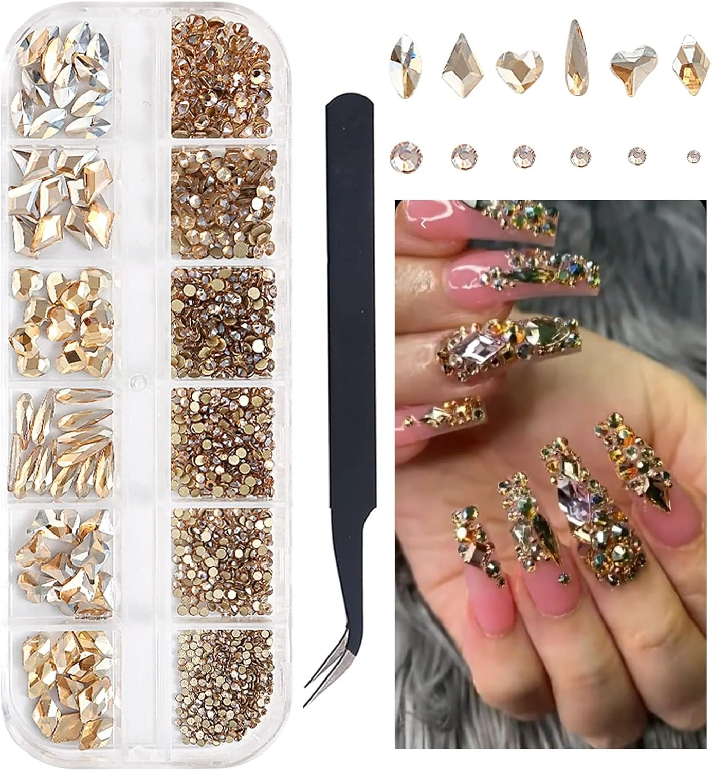 یک جعبه نگین های طلایی شامپاینی برای طراحی ناخن، اشکال مختلف سه بعدی، کریستال های تخت، سنگ های قیمتی غیر حرارتی با موچین و مداد برای طراحی ناخن، آرایش صورت و چشم، و صنایع دستی یک جعبه نگین های طلایی شامپاینی برای طراحی ناخن، اشکال مختلف سه بعدی، کریستال های تخت، سنگ های قیمتی غیر حرارتی با موچین و مداد برای طراحی ناخن، آرایش صورت و چشم، و صنایع دستی