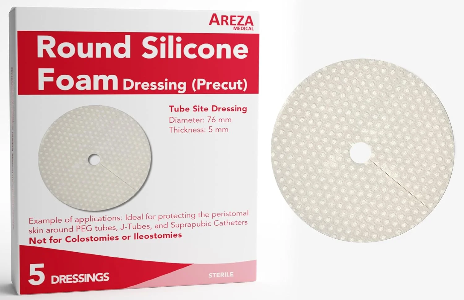 پانسمان استومی پزشکی آرِزا: فوم سیلیکونی (گرد) ممکن است به محکم کردن لوله های استومی، کنترل نشت و کاهش تحریک اطراف استومی ها کمک کند. 5 عدد در هر جعبه