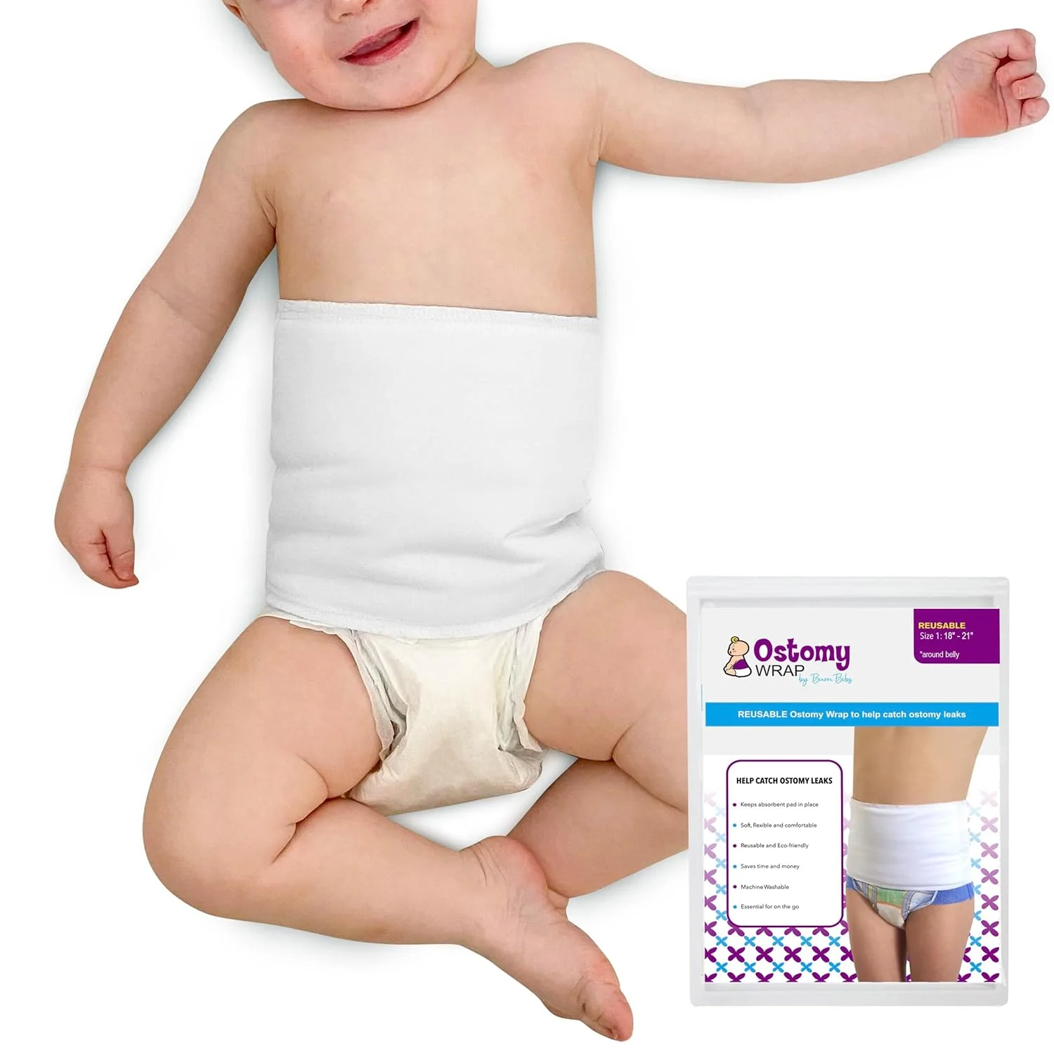 باند فشاری ملایم استومی کودکانه سفید، سایز دور باسن ۴۵ تا ۵۳ سانتیمتر | کمربند حمایتی فشاری دور کمر برای جلوگیری از نشت استومی و محکم کردن لوله تغذیه