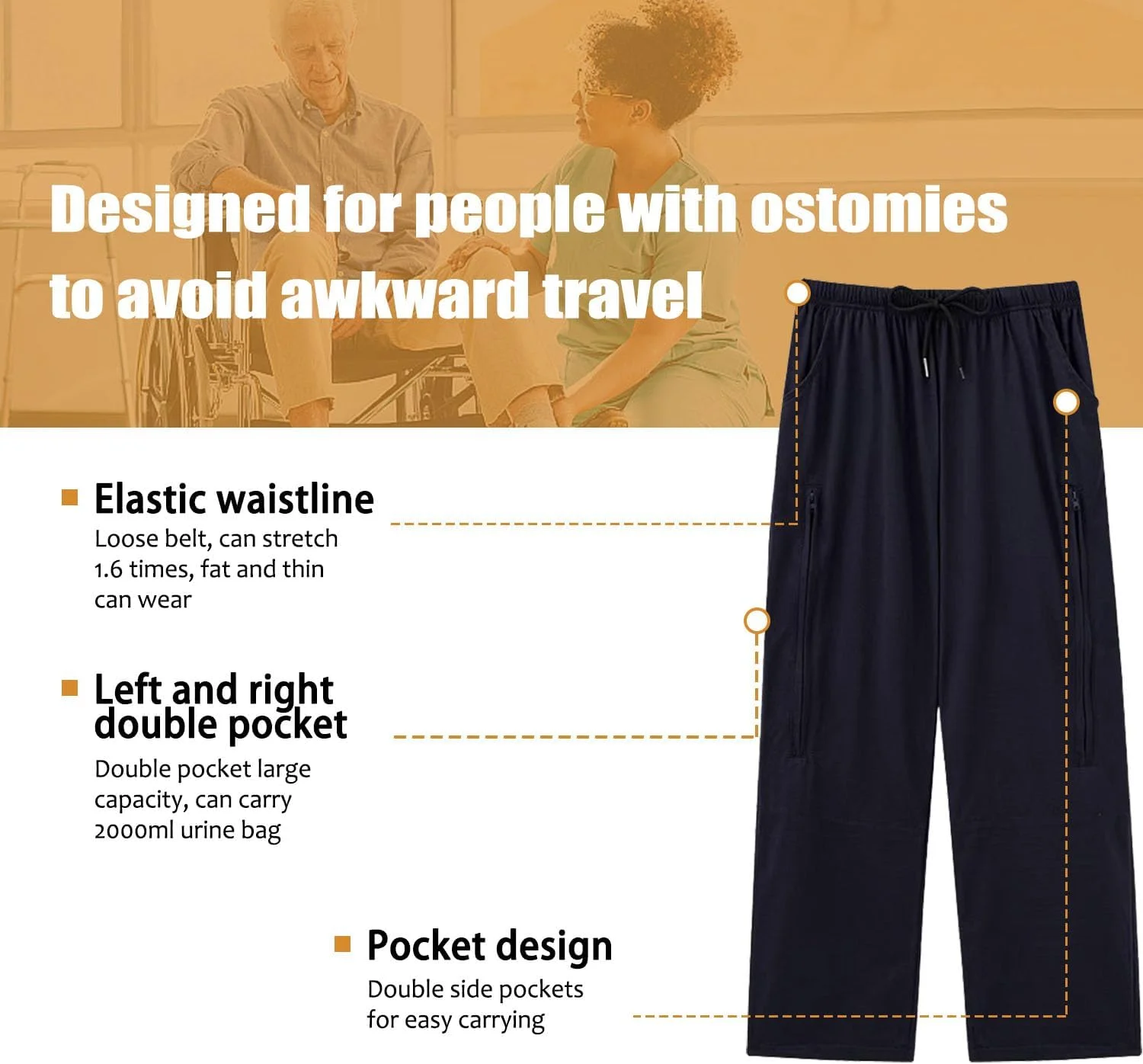 شلوار کیسه نفروستومی، شلوار کیسه پا با جیب‌های زیپ‌دار دوتایی، شلوار کیسه ادرار برای فولی، نفروستومی، استومی