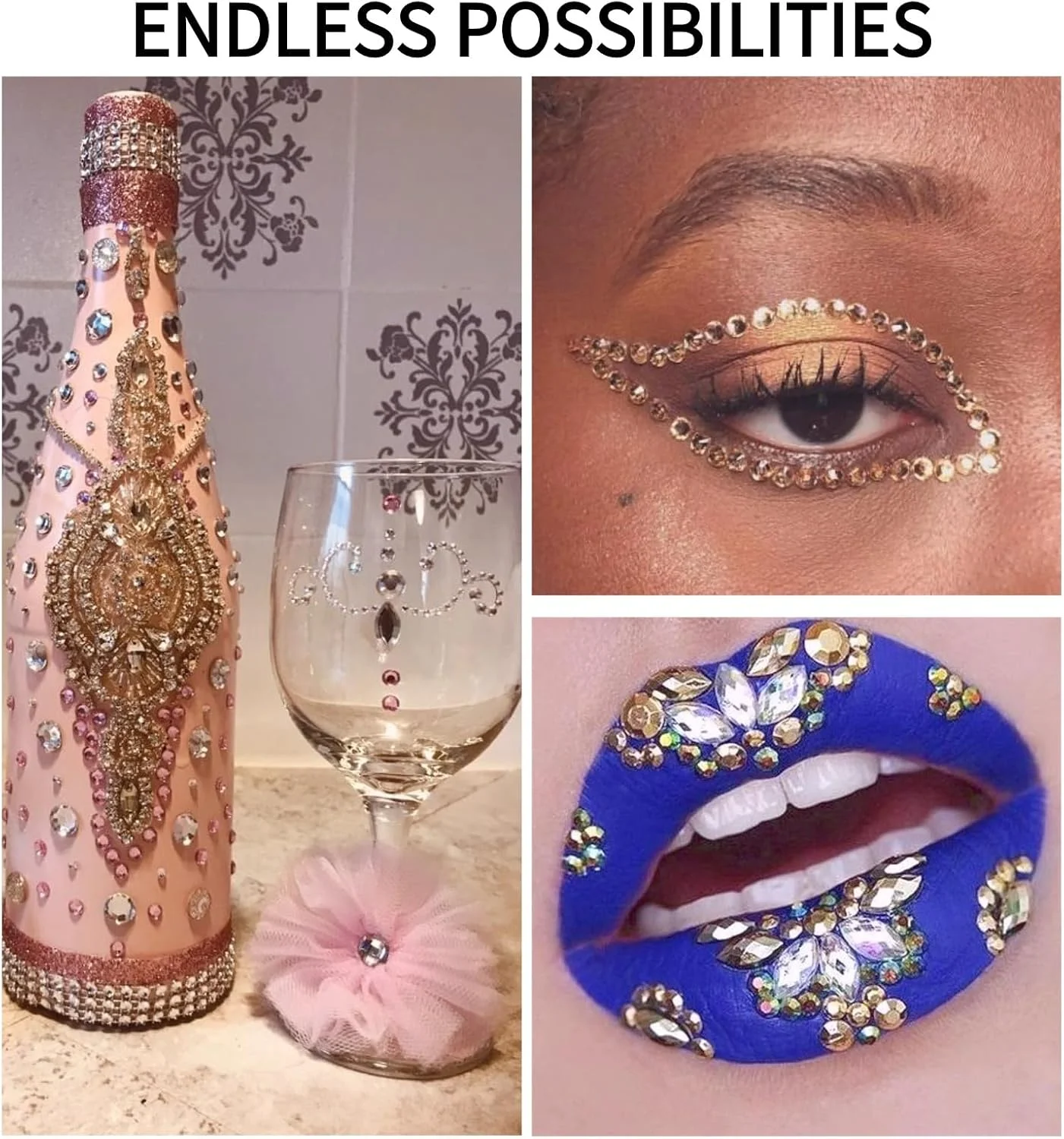 یک جعبه نگین های طلایی شامپاینی برای طراحی ناخن، اشکال مختلف سه بعدی، کریستال های تخت، سنگ های قیمتی غیر حرارتی با موچین و مداد برای طراحی ناخن، آرایش صورت و چشم، و صنایع دستی