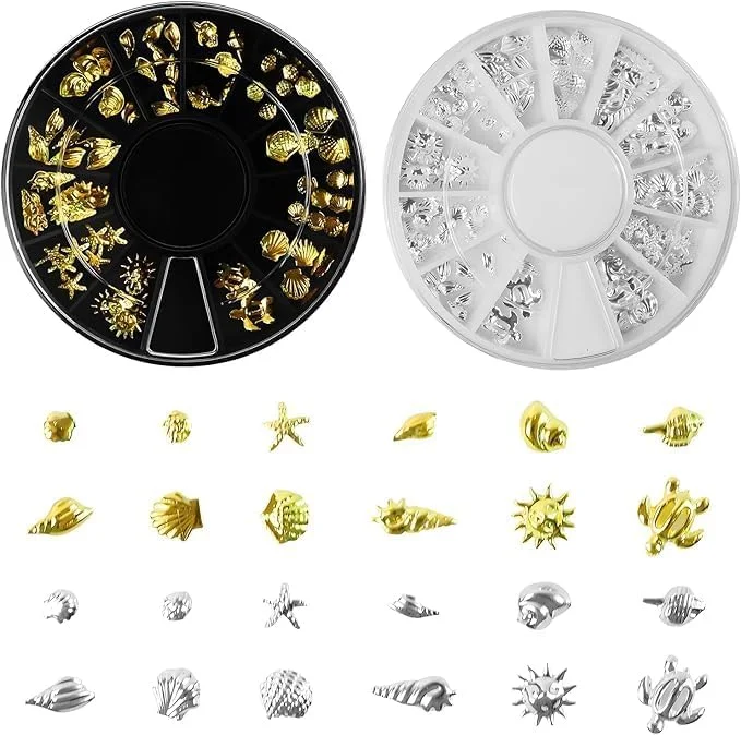 آویز ناخن اقیانوسی تزویق، 2 دیسک نقره ای و طلایی، برچسب ناخن ستاره دریایی ساحلی، صدف دریایی، آلیاژ سه بعدی، لوازم تزیین جواهرات برای مانیکور، 12 مدل