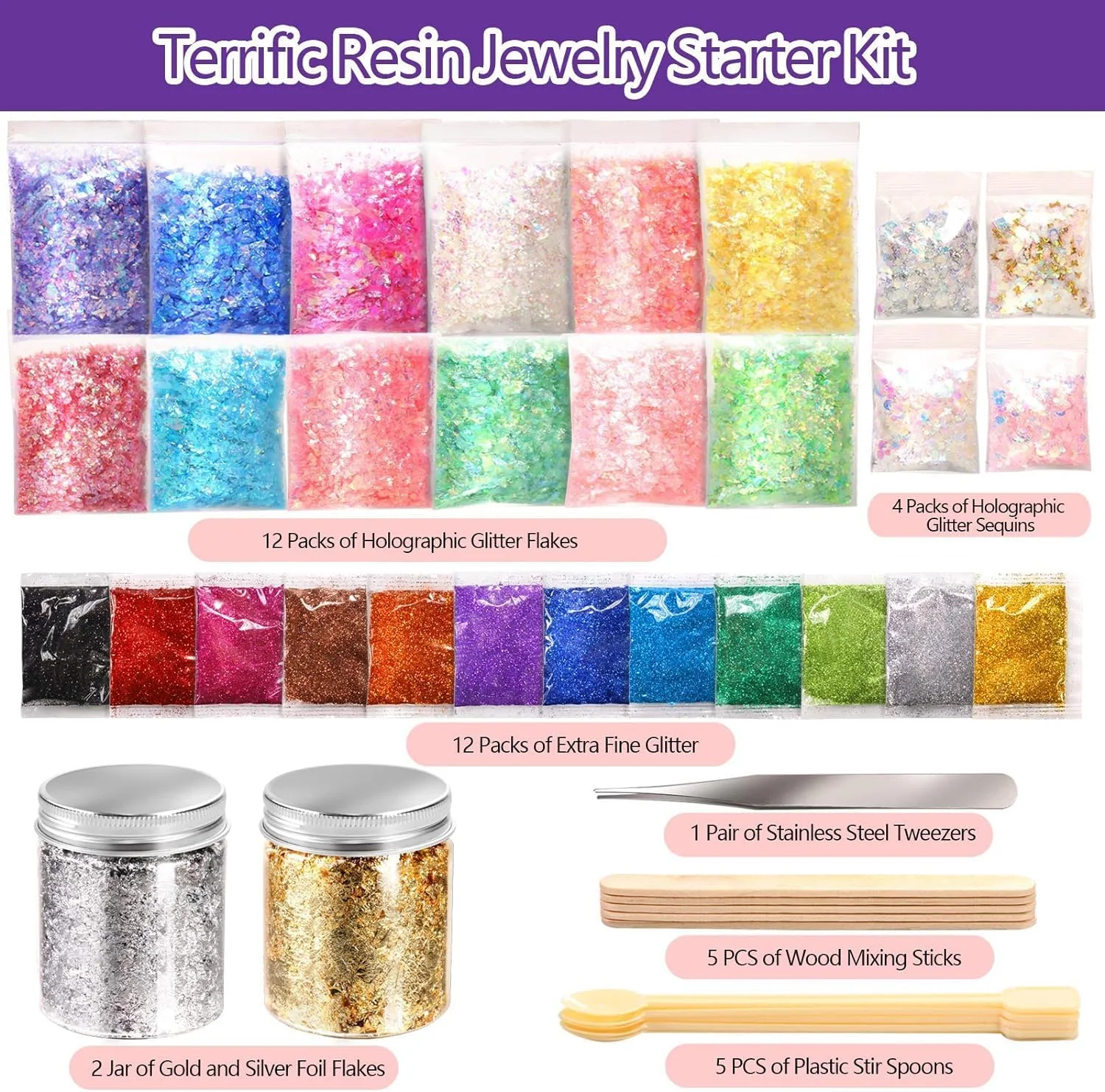 مجموعه لوازم رزینی SYOSI شامل 41 قطعه، اکلیل ناخن بدنه، اکلیل بسیار ریز، پولک های اکلیلی، ورقه های فویل، چوب همزن و موچین، اکلیل هنری برای صنایع دستی رزینی، طراحی ناخن، ساخت جواهرات