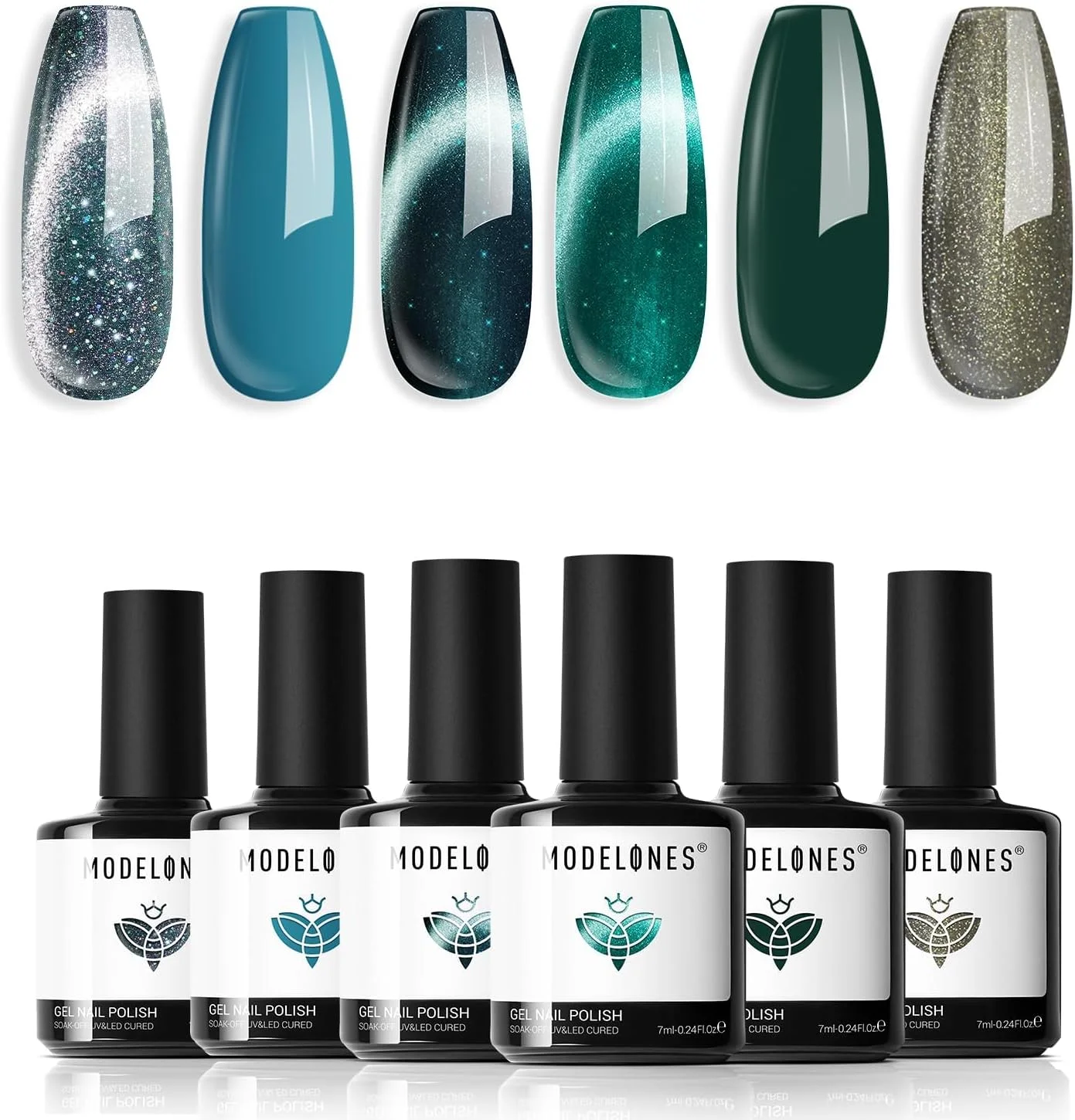ست لاک ژل مدلونز، مجموعه 6 رنگ آبی سبز، لاک ژل اکلیلی بازتابنده، آبی تیره، لاک ناخن چشم گربه ای 9D بهاری تابستانی با آهنربا، کیت طراحی ناخن LED