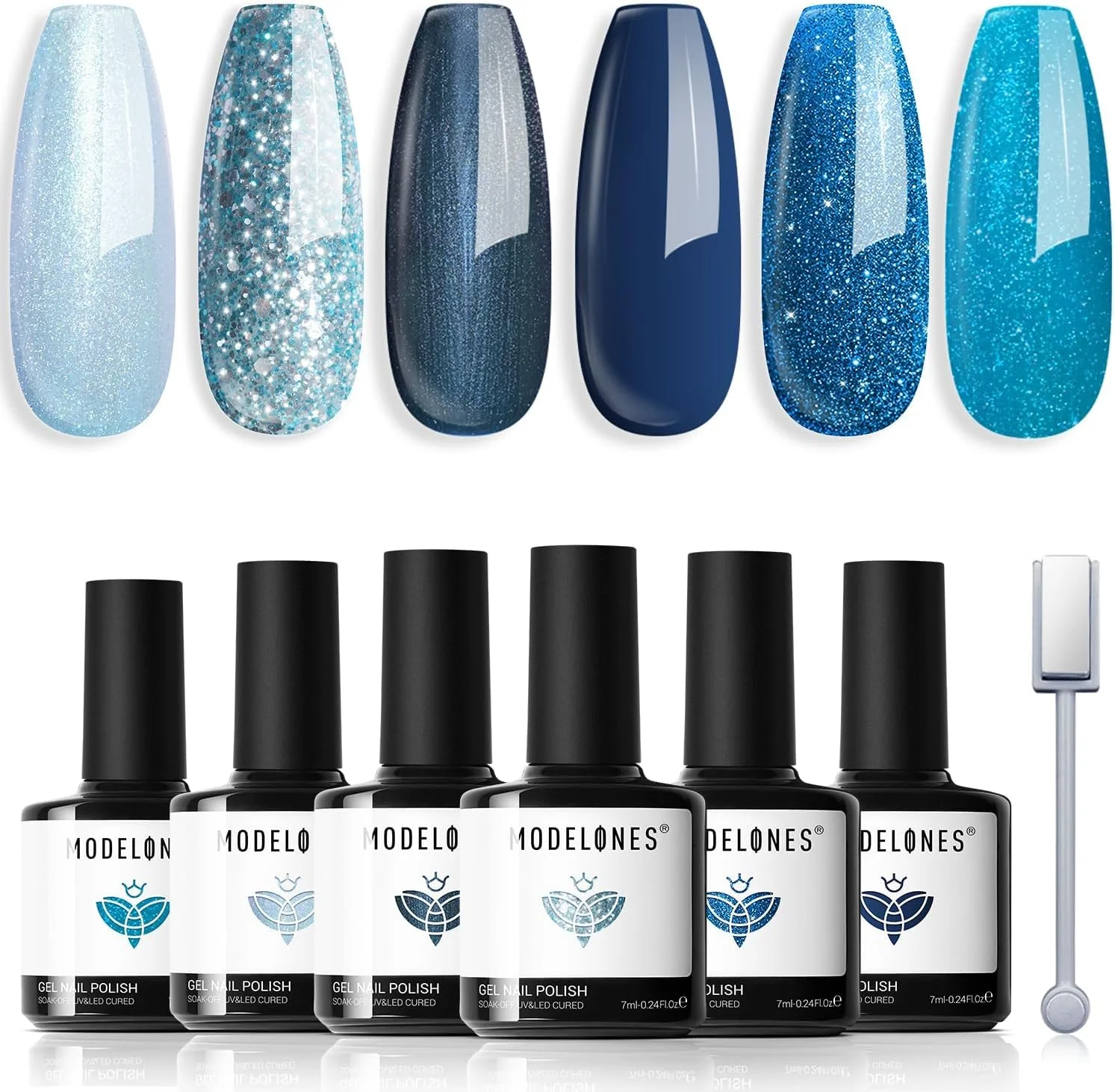ست لاک ژل مدلونز، ۶ رنگ آبی اکلیلی کهکشانی آبی تیره چشم گربه ای پاییزه به همراه آهنربا، آبی روشن سفید براق مرواریدی، مناسب طراحی ناخن در خانه و سالن، هدیه برای خانم ها