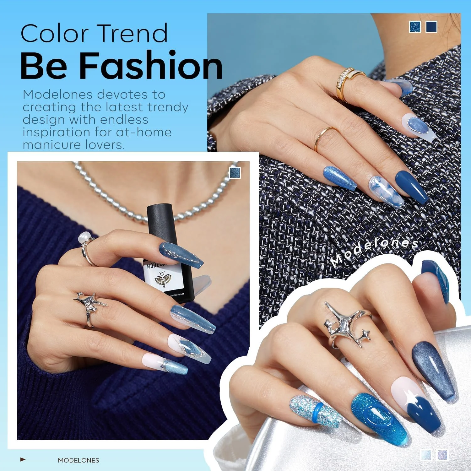 ست لاک ژل مدلونز، ۶ رنگ آبی اکلیلی کهکشانی آبی تیره چشم گربه ای پاییزه به همراه آهنربا، آبی روشن سفید براق مرواریدی، مناسب طراحی ناخن در خانه و سالن، هدیه برای خانم ها