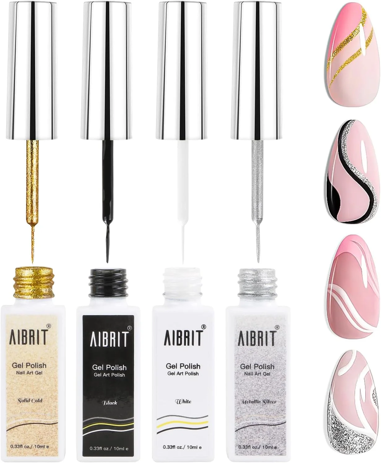 ست لاک ژل طراحی ناخن AIBRIT، 10 میلی لیتر، 4 رنگ مشکی، سفید، طلایی، نقره ای، رنگ طراحی ناخن با برس نازک طراحی ناخن در بطری برای ناخن های گردابی، ناخن های سرخوشی، نوک فرانسوی، مانیکور، نقاشی DIY در خانه