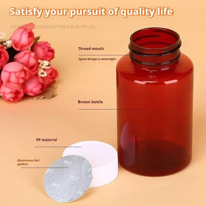 ست 5 عددی بطری دارو پلاستیکی، ظرف قرص پزشکی 50 میلی لیتری، بطری کهربایی برای نگهداری دارو، بطری قرص قابل استفاده مجدد، خالی با درب (کهربایی، 50 میلی لیتر)