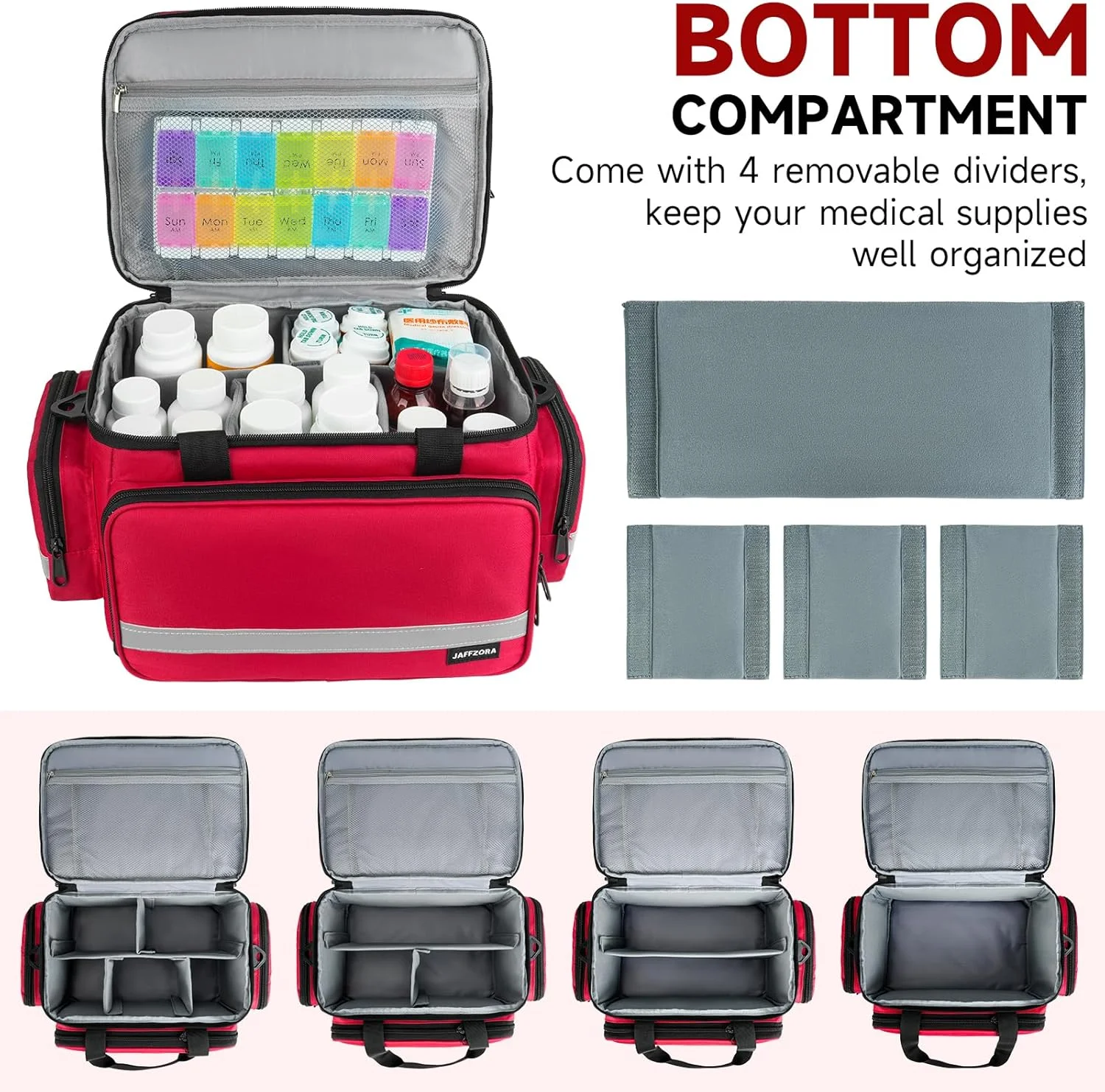 کیف بزرگ نظم دهنده بطری قرص، کیف نگهداری دارو دو لایه با زیپ های قفل دار و بند شانه، کیف مسافرتی دارو برای بطری های نسخه، ویتامین ها و لوازم پزشکی، قرمز (فقط کیف)
