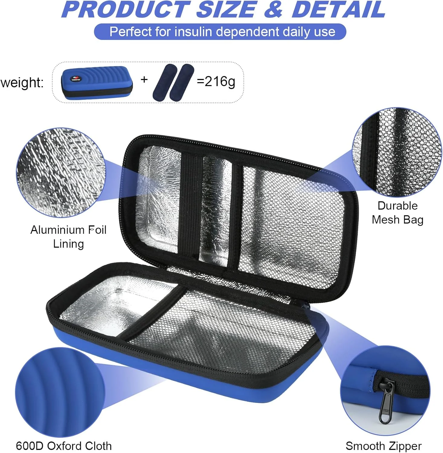 کیف خنک نگهدارنده انسولین، کیف سازمان دهنده وسایل دیابتی با 2 بسته یخ قابل استفاده مجدد برای قلم انسولین و سایر داروهای دیابتی - آبی