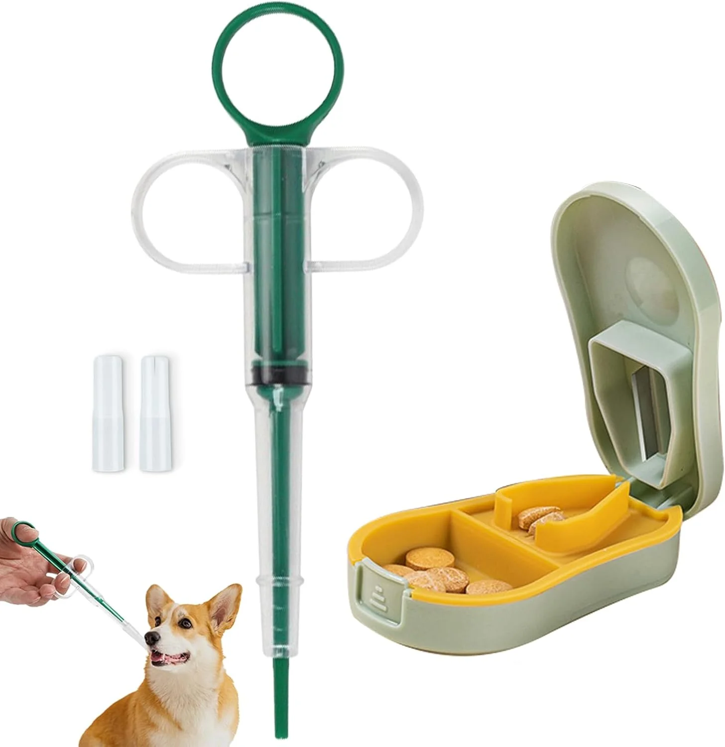 مجموعه دو عددی تفنگ قرص خوران حیوانات خانگی و خردکن و برش دهنده قرص، تفنگ قرص خوران برای سگ و گربه، سرنگ نوک نرم پخش کننده دارو، جعبه قرص چند منظوره قابل حمل سبز