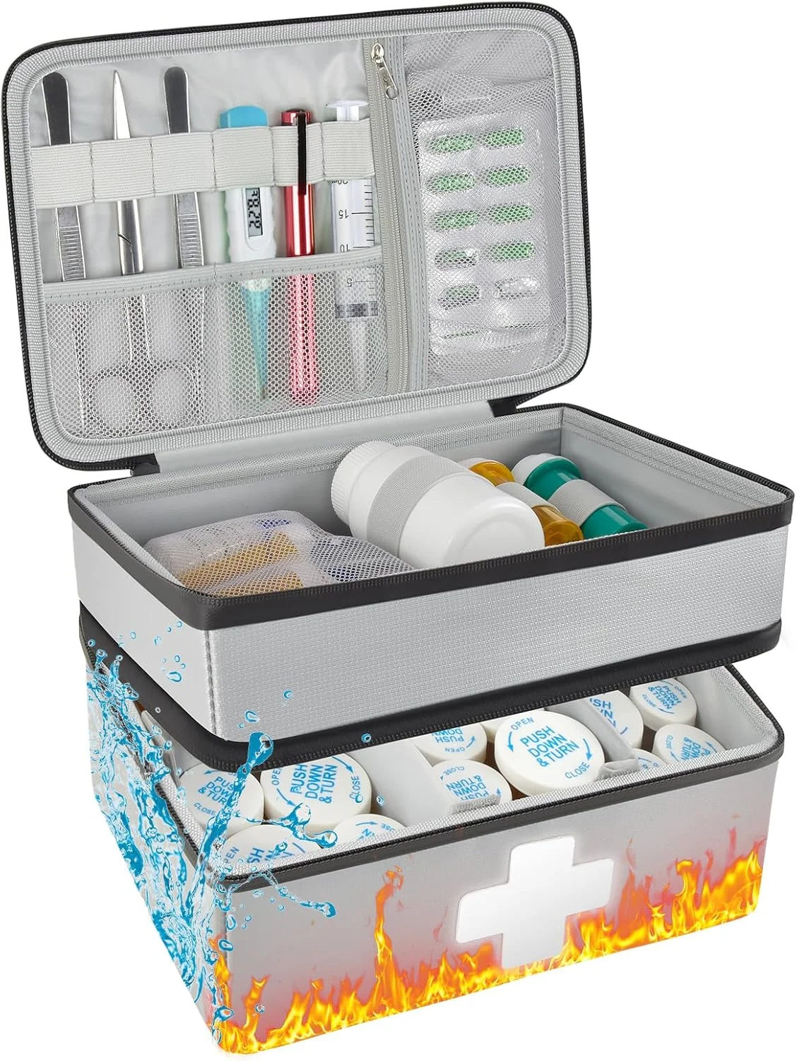 کیف نگهداری دارو، کیف نظم دهنده ضد آب و ضد حریق بطری قرص، جعبه کمک های اولیه بزرگ برای نگهداری گوشی پزشکی/مانیتور ضربان قلب/لوازم جانبی چراغ قوه، برای مسافرت و استفاده در منزل