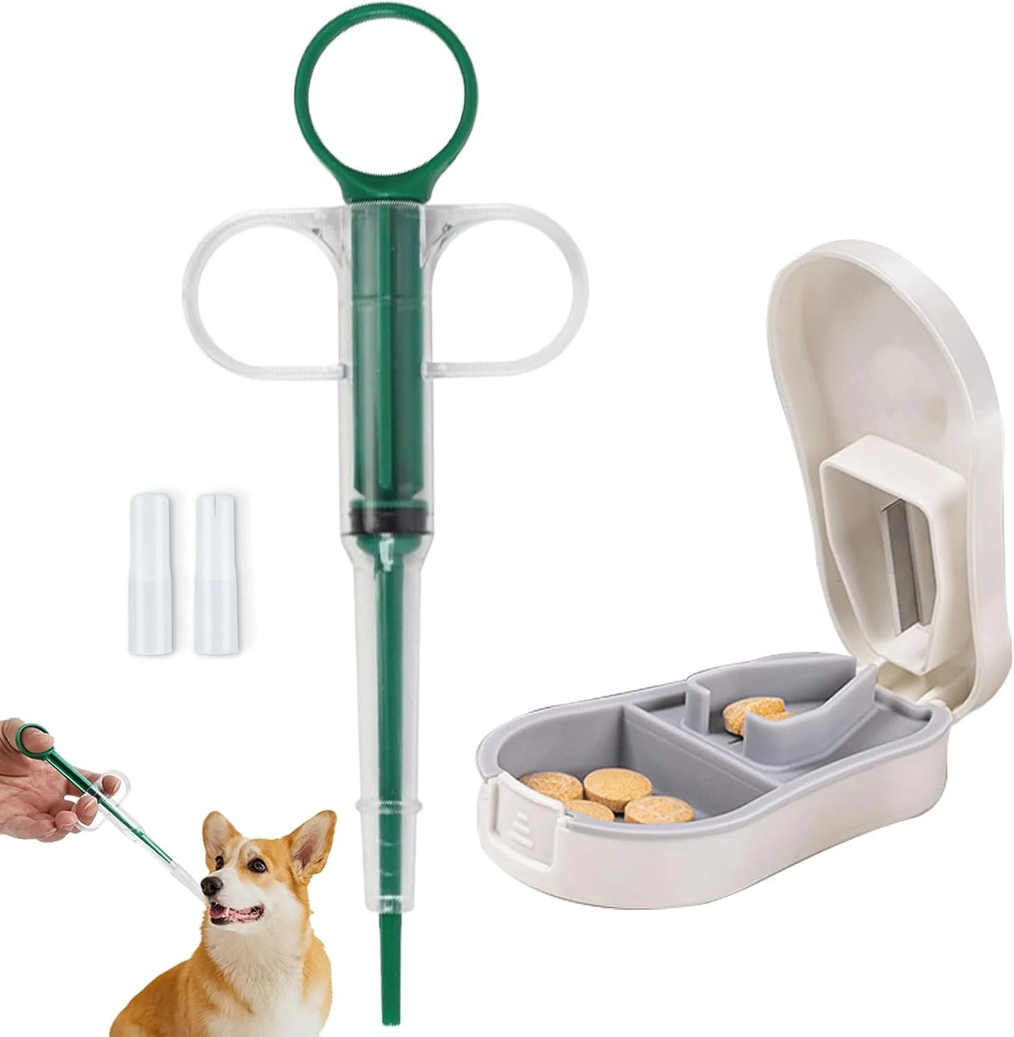 ست دو عددی تفنگ قرص خوران حیوانات خانگی و خردکن و برش دهنده قرص، تفنگ قرص خوران برای سگ و گربه، سرنگ نوک نرم توزیع کننده دارو، جعبه قرص چند منظوره قابل حمل سفید