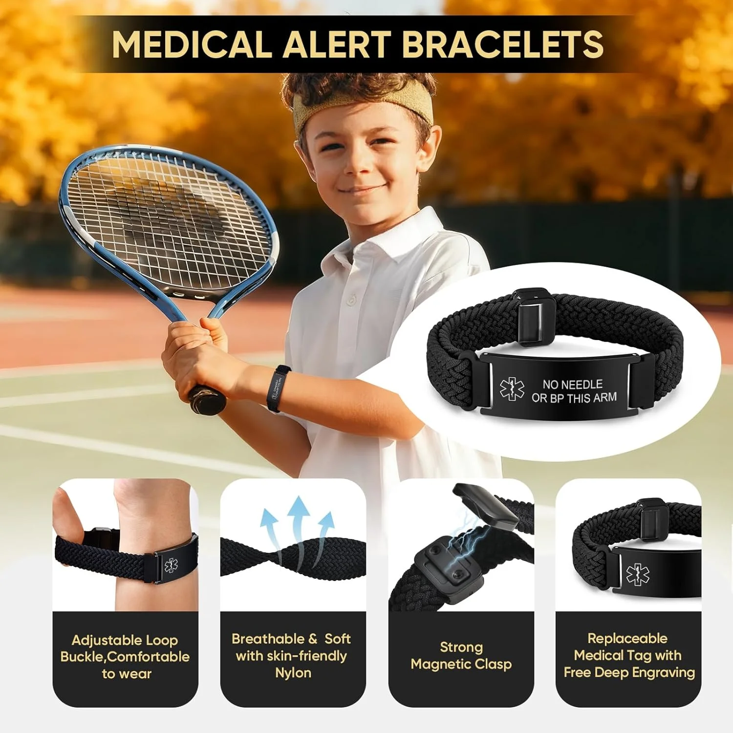 دستبند هشدار پزشکی VNOX برای مردان و زنان، دستبند بقای اضطراری طنابی کشسان قابل تنظیم، حلقه مچ بند با تگ تعویضی