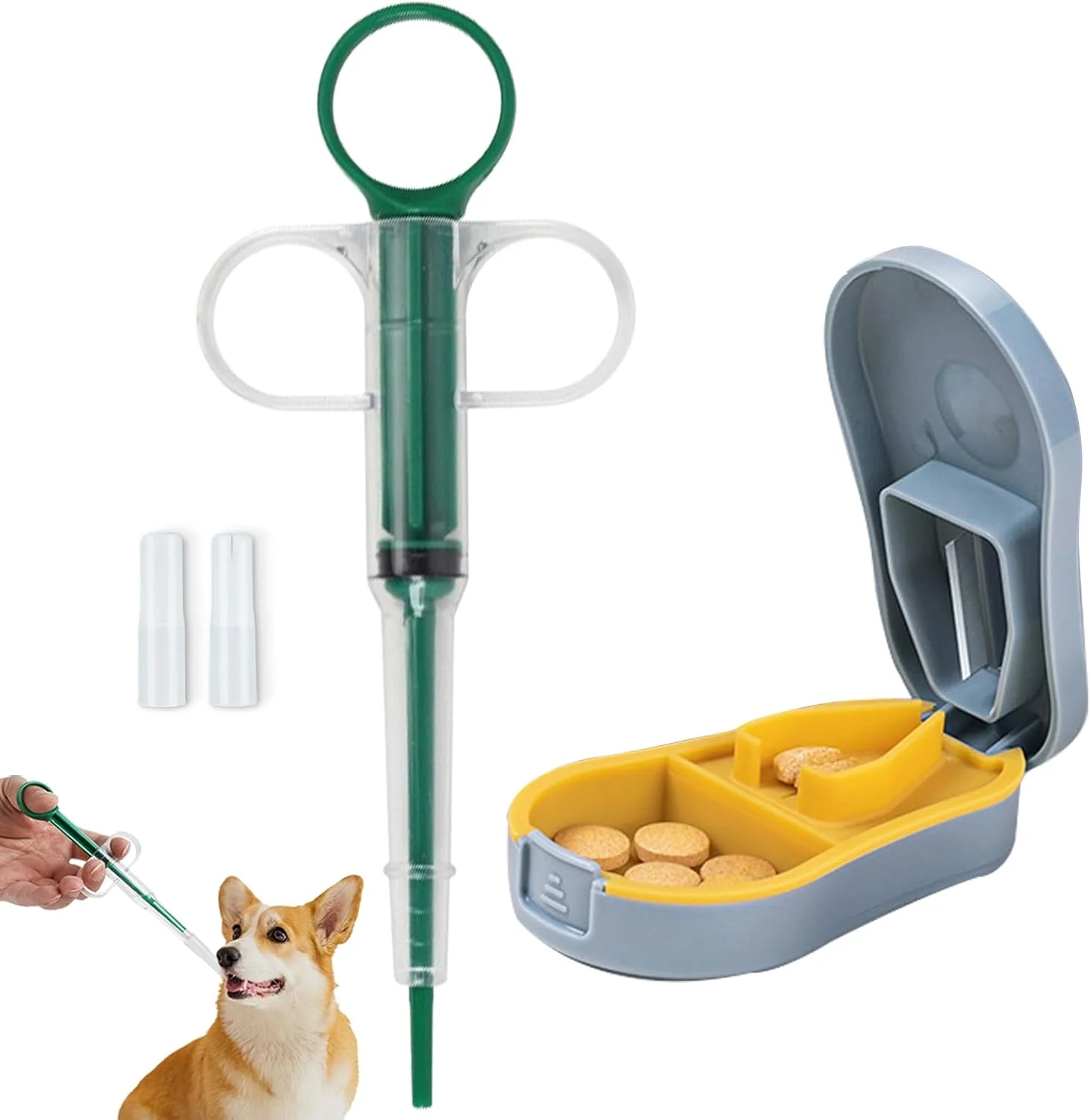 ست 2 عددی تفنگ قرص خوران حیوانات خانگی و خردکن و برش دهنده قرص، تفنگ قرص خوران برای سگ و گربه، سرنگ نوک نرم پخش کننده دارو، جعبه قرص چند منظوره قابل حمل آبی