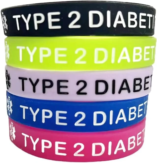 دستبند هشدار پزشکی دیابت نوع 2، دستبند اورژانسی با شناسه پزشکی، دستبند ورزشی سیلیکونی با شناسه پزشکی و لاستیکی - 5 عدد
