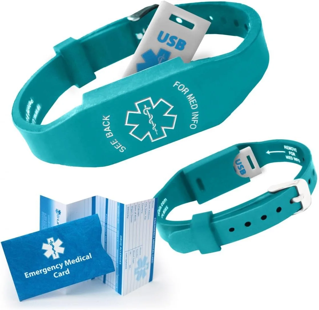 دستبند پزشکی USB مدل Elite II: دستبند سیلیکونی ضد حساسیت با حافظه فلش USB ضد آب 2 گیگابایتی و کارت پزشکی اورژانس. دسترسی رایگان به PHR (سوابق سلامت شخصی)