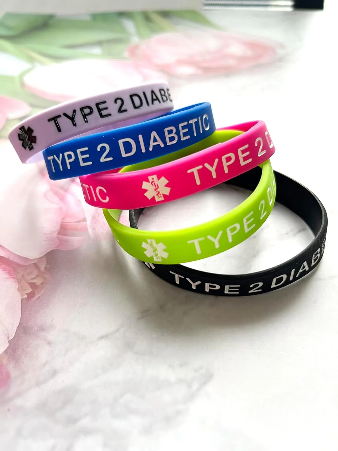 دستبند هشدار پزشکی دیابت نوع 2، دستبند اورژانسی با شناسه پزشکی، دستبند ورزشی سیلیکونی با شناسه پزشکی و لاستیکی - 5 عدد