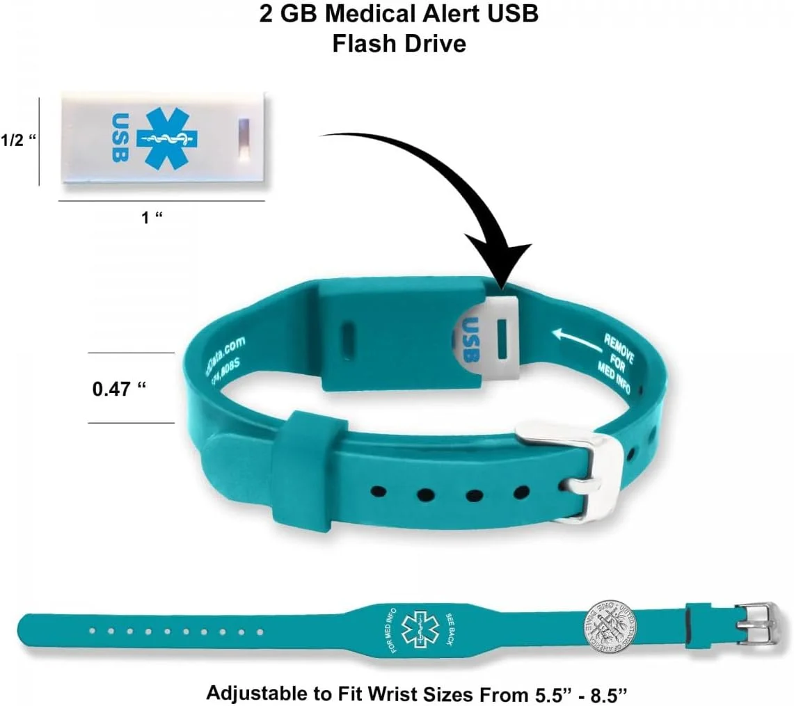 دستبند پزشکی USB مدل Elite II: دستبند سیلیکونی ضد حساسیت با حافظه فلش USB ضد آب 2 گیگابایتی و کارت پزشکی اورژانس. دسترسی رایگان به PHR (سوابق سلامت شخصی)