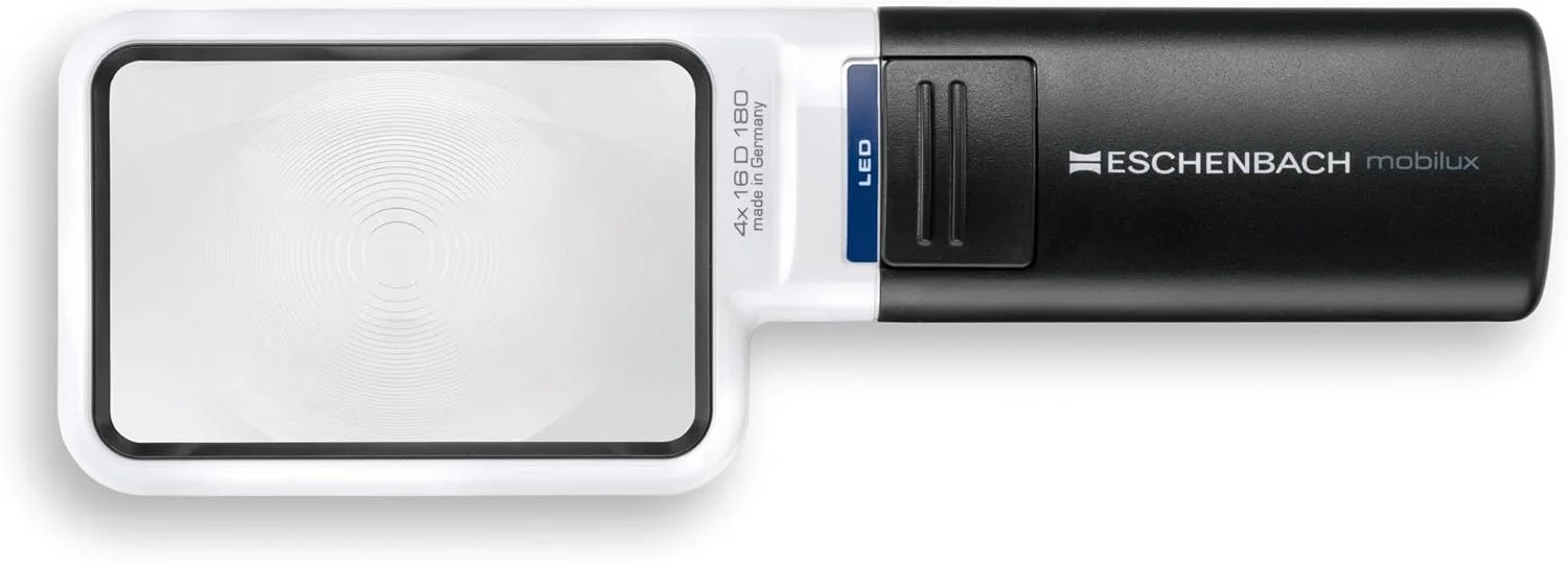 شیشه ذره‌بینی اپتیکال با نور LED مدل 15114 Eschenbach MobiluxLED با لنز 4x و اندازه لنز: 75 x 50 میلی‌متر