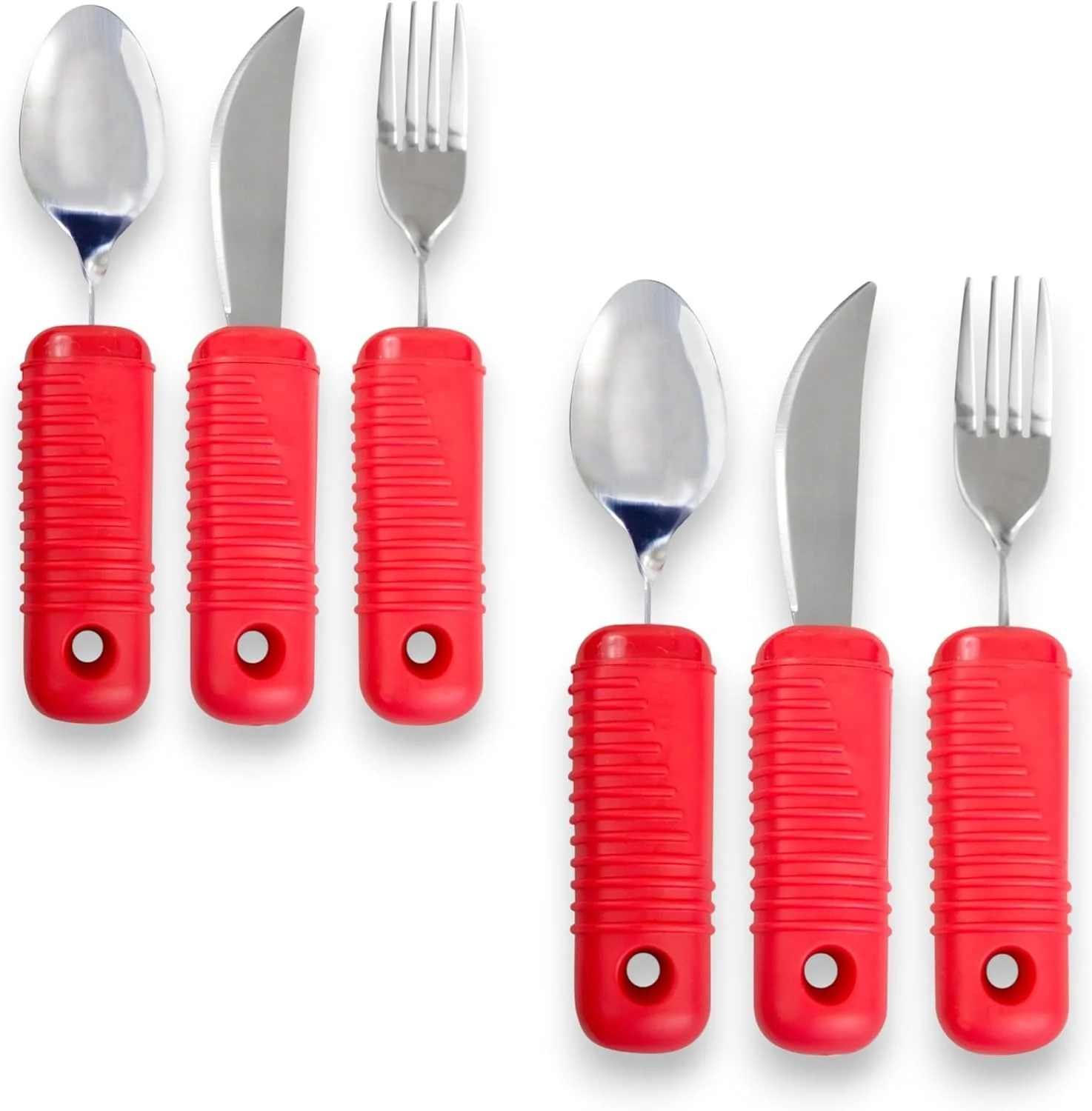 ست ظروف غذاخوری با دسته بزرگ تطبیقی شامل چنگال خم شو، قاشق خم شو و چاقوی گهواره ای برای استفاده و غذا خوردن آسان - 2 ست ظروف موجود است