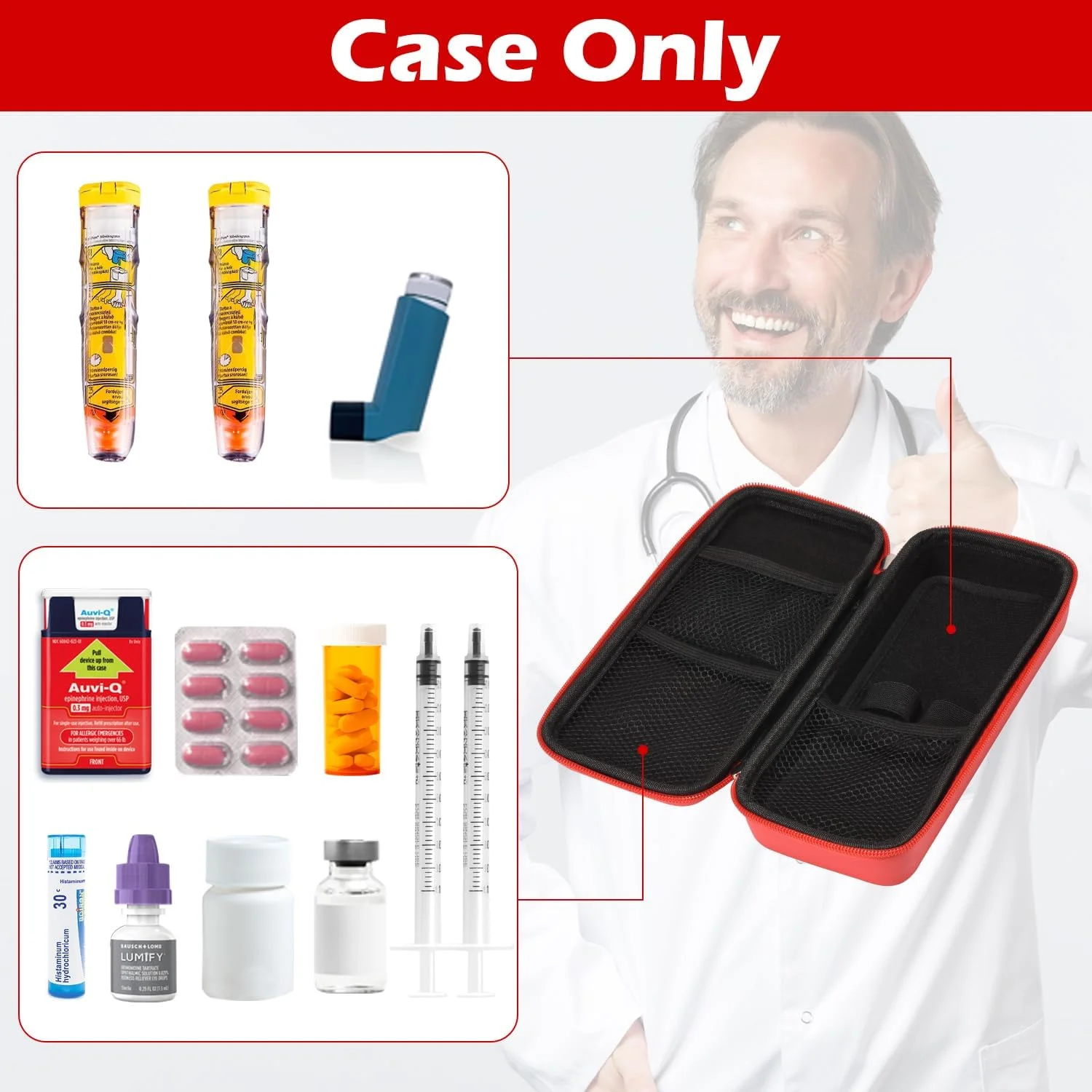 کیف حمل دارو فوکومی، کیف پزشکی سخت اضطراری با کارابین - برای 2 عدد قلم اپی نفرین، اسپری آسم، آوی-کیو، قطره چشم، آنتی هیستامین، داروی آلرژی، کیف مسافرتی دیابت برای بزرگسالان و کودکان، قرمز