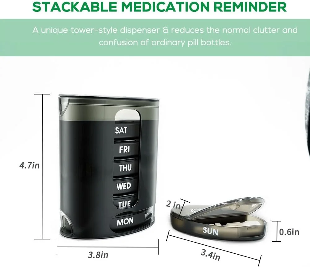 جعبه قرص هفتگی (دو بار در روز)، جعبه قرص قابل حمل 7 روزه با محفظه های AM/PM قابل انباشت برای قرص ها، ویتامین ها، روغن ماهی، مکمل ها، مشکی