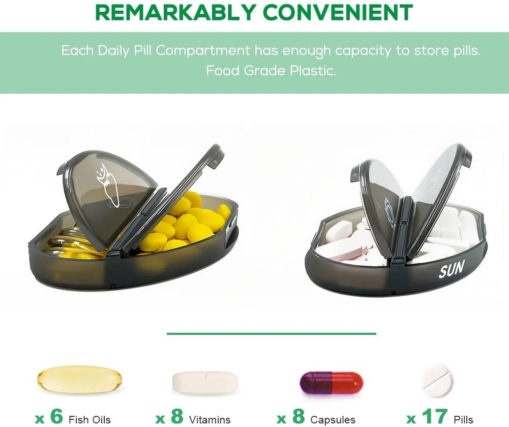 جعبه قرص هفتگی (دو بار در روز)، جعبه قرص قابل حمل 7 روزه با محفظه های AM/PM قابل انباشت برای قرص ها، ویتامین ها، روغن ماهی، مکمل ها، مشکی