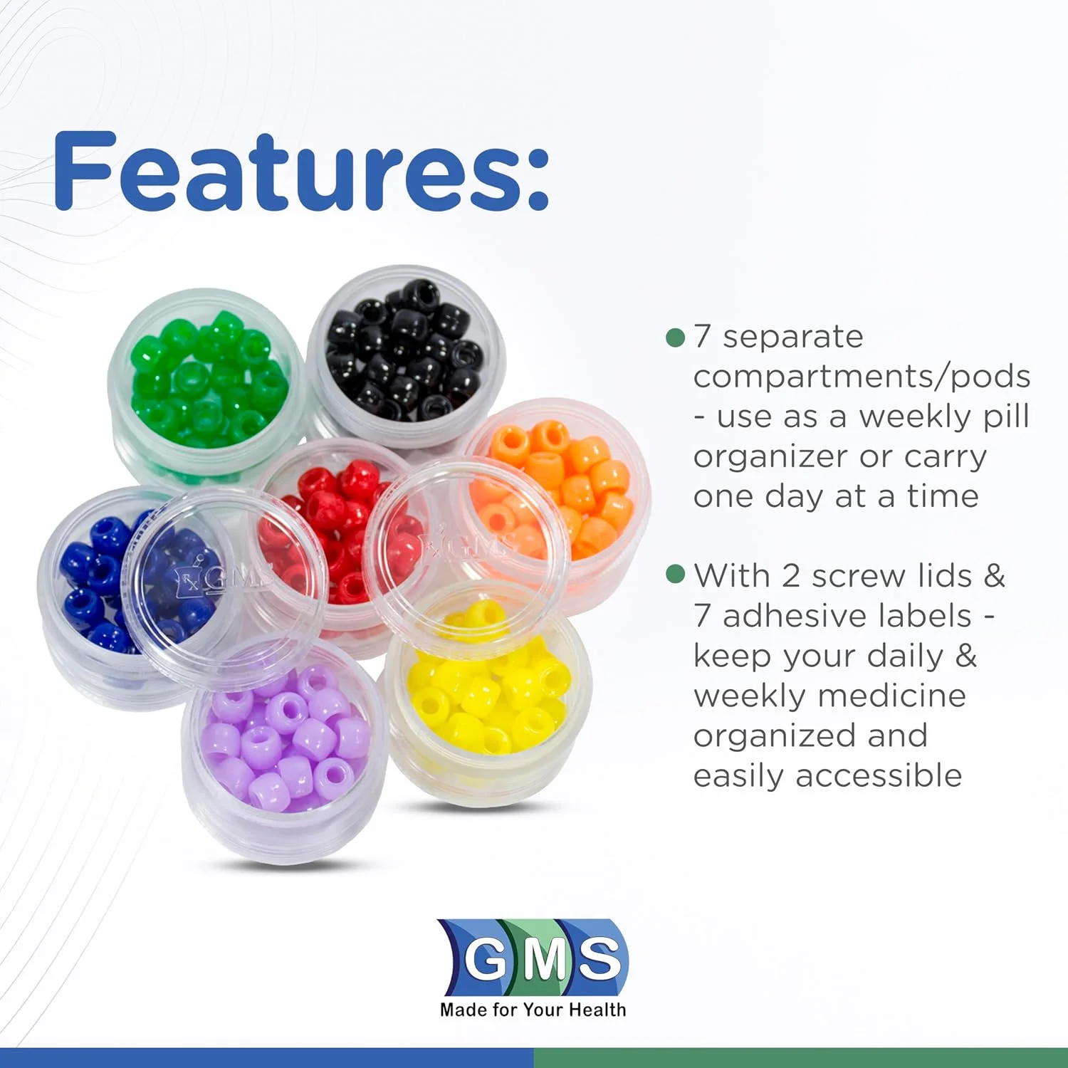 ۷ محفظه قرص قابل چیدن با ۲ درب و برچسب های چسبی ۷ روزه برای سازماندهی ویتامین ها، مکمل ها و داروها (رنگین کمان متوسط)