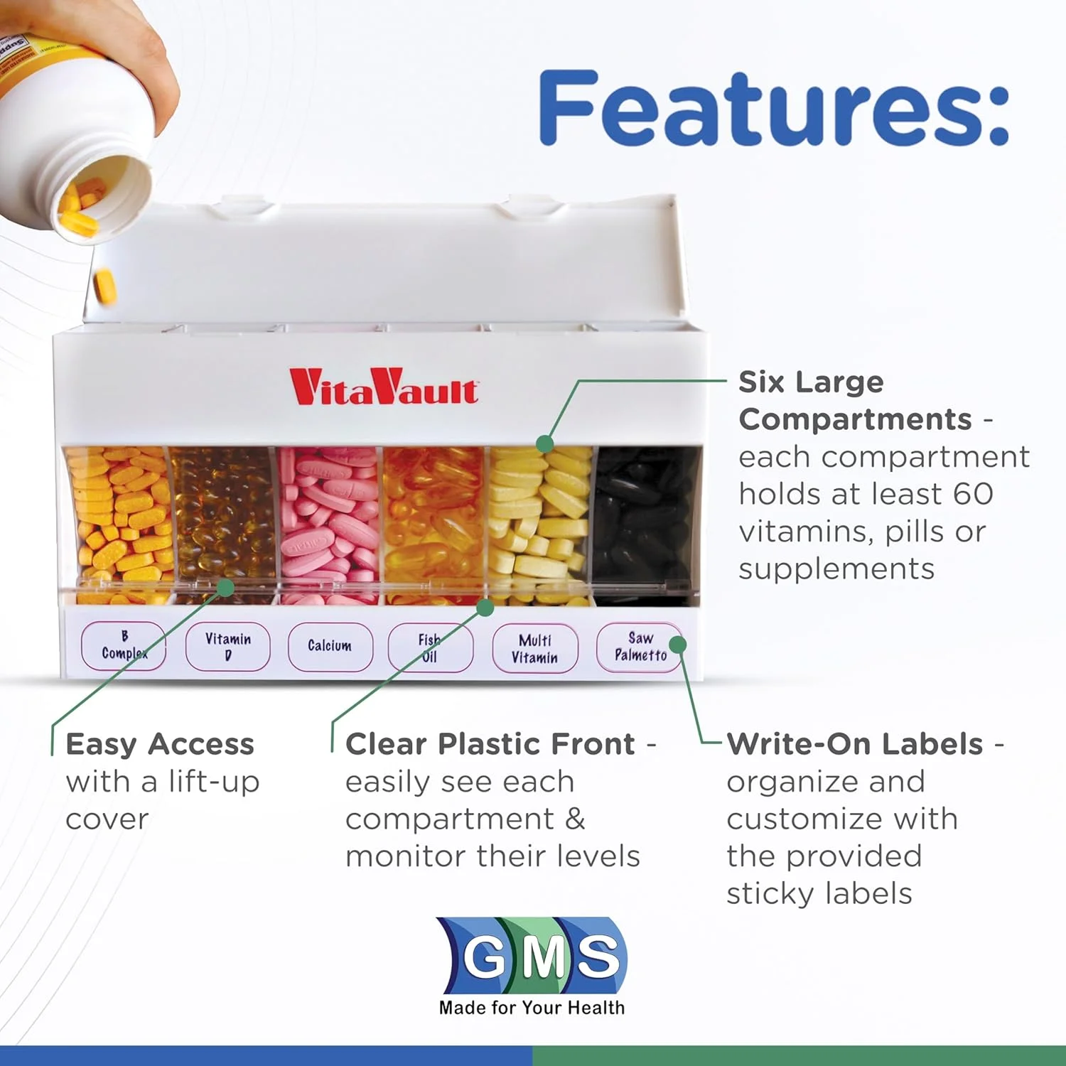 جعبه قرص ۶ قسمتی GMS VitaVault برای داروها، ویتامین ها و مکمل ها به همراه قیف پرکننده