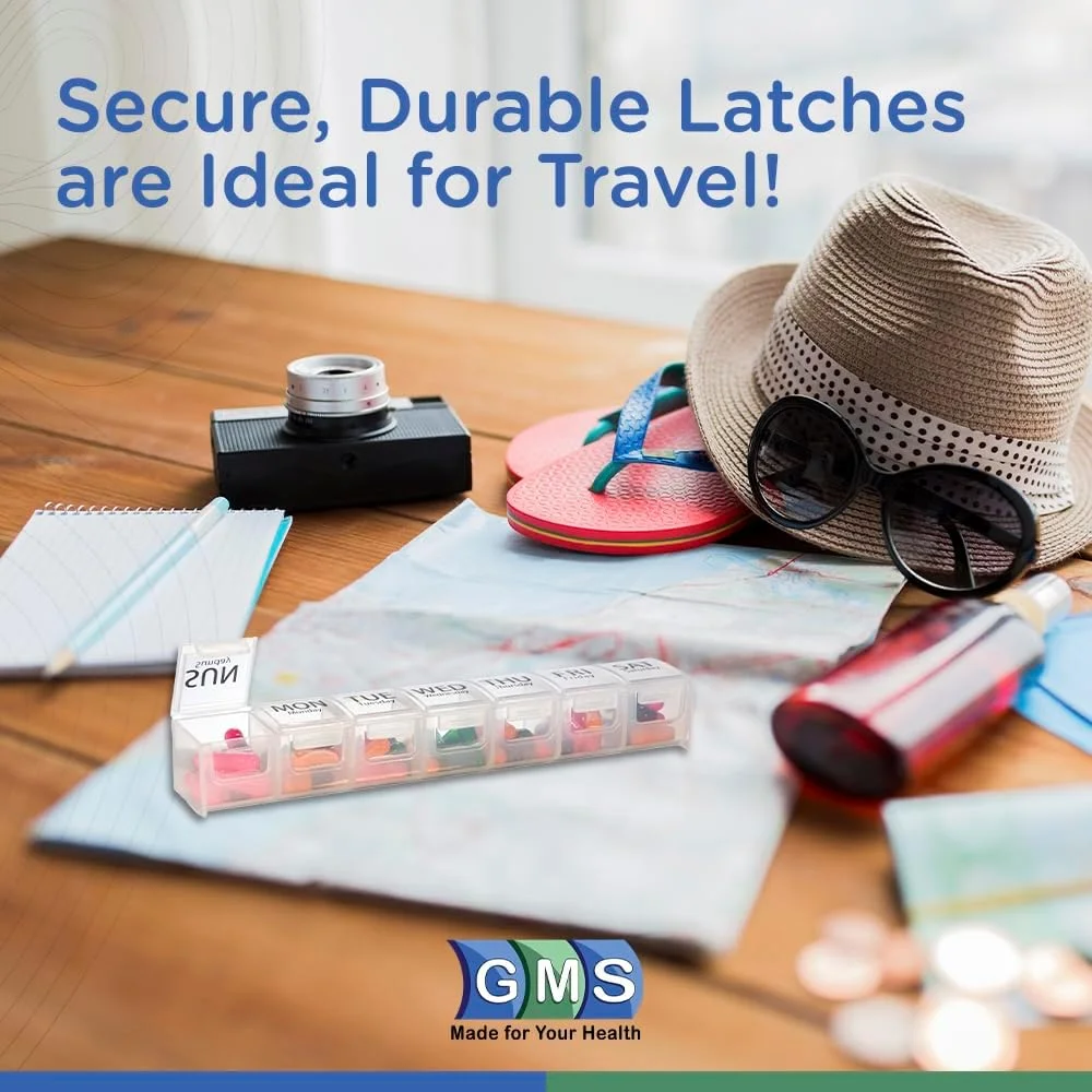 جعبه قرص هفتگی GMS برای داروها، ویتامین ها، مکمل ها و سایر قرص ها - هفت محفظه با برچسب مشخص و قفل ایمن - ایده آل برای مسافرت و استفاده روزمره (شفاف) (2 عدد)