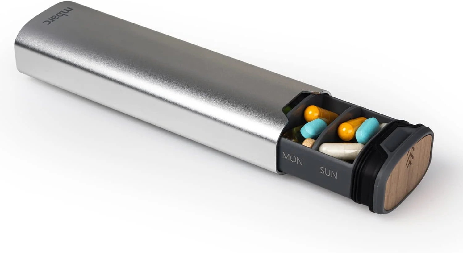 جعبه قرص هفتگی مدل 2.0 mbarc - جعبه قرص بزرگ با کیفیت عالی از جنس آلومینیوم و چوب برای مکمل ها، قرص ها، ویتامین ها و داروها. (نقره ای متالیک)