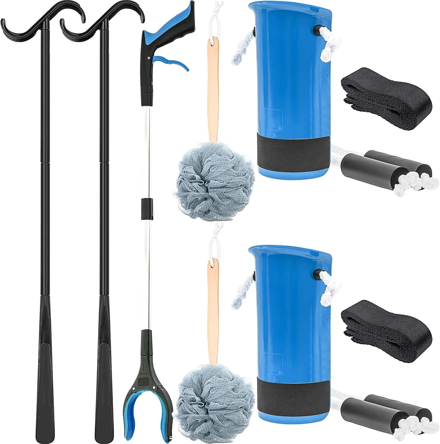 ست ۹ تکه کمکی تعویض مفصل لگن و زانو شامل گیره بلند کننده پا، گیره چرخشی تاشو ۸۴ سانتی‌متری، ابزار کمکی پوشیدن جوراب، پاشنه کش، چوب لباس پوشیدن و اسفنج حمام مناسب دوران نقاهت پس از جراحی زانو، کمر یا لگن