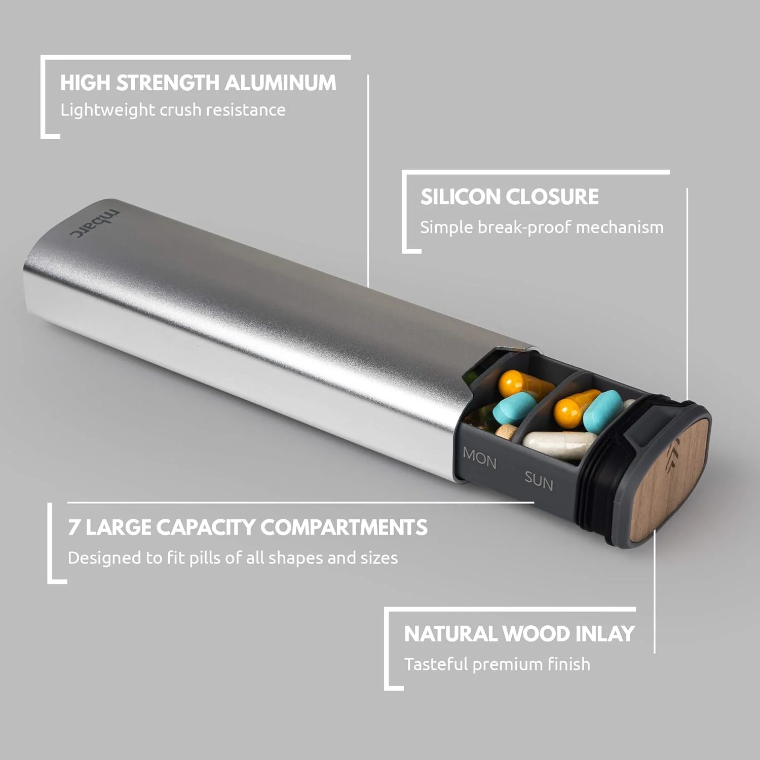 جعبه قرص هفتگی مدل 2.0 mbarc - جعبه قرص بزرگ با کیفیت عالی از جنس آلومینیوم و چوب برای مکمل ها، قرص ها، ویتامین ها و داروها. (نقره ای متالیک)