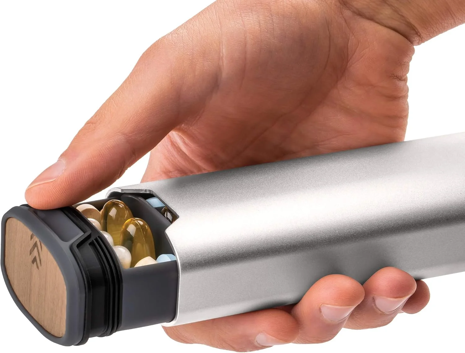 جعبه قرص هفتگی مدل 2.0 mbarc - جعبه قرص بزرگ با کیفیت عالی از جنس آلومینیوم و چوب برای مکمل ها، قرص ها، ویتامین ها و داروها. (نقره ای متالیک)