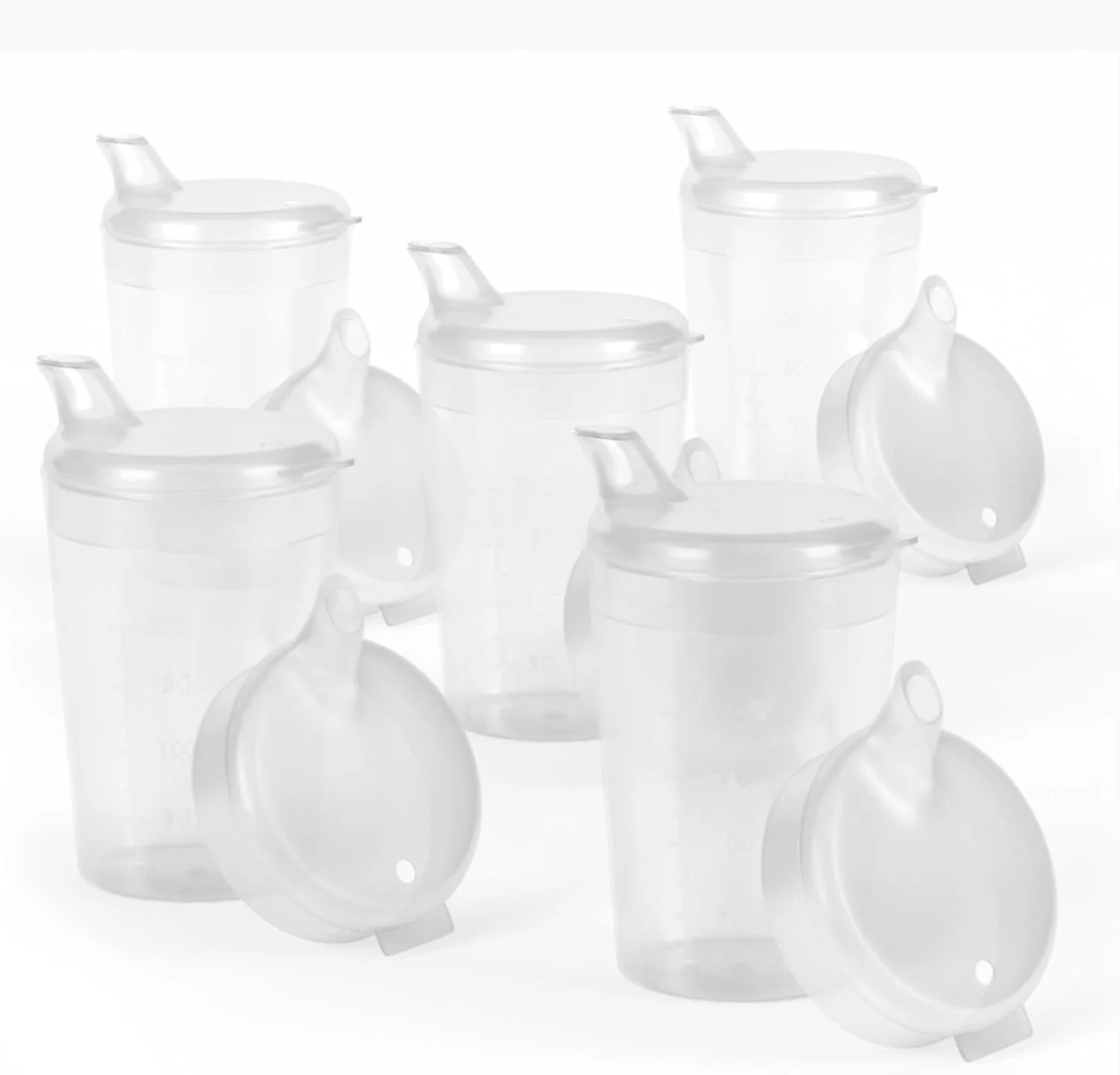 بسته 5 عددی لیوان نی‌دار کمک نوشیدنی 250 میلی‌لیتری به همراه 5 درب برای مایعات و 5 درب برای فرنی/موس - انتخاب رنگ (شفاف)