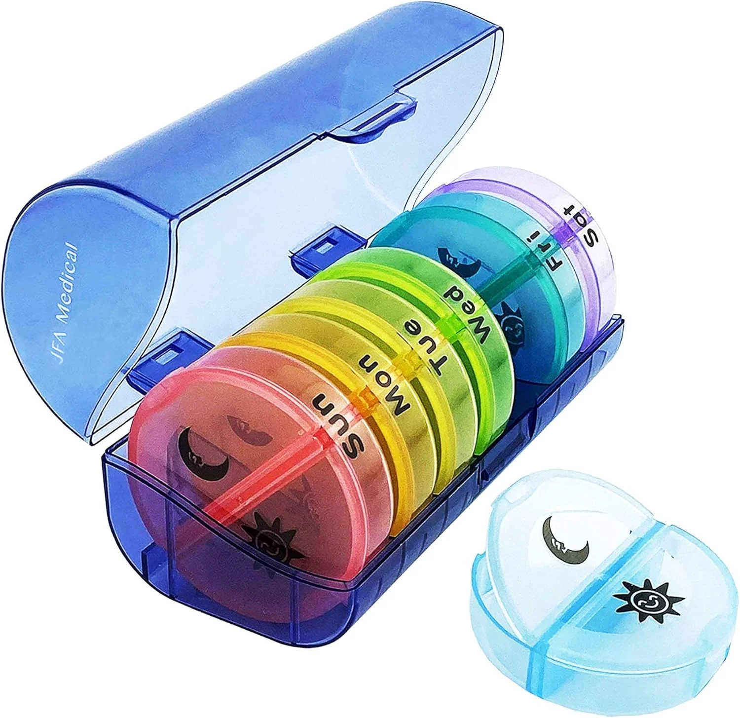 جعبه قرص استوانه ای هفتگی JFA Medical، سازمان دهنده/یادآور داروها، مکمل ها، ویتامین ها، 7 روز، 2 محفظه در روز