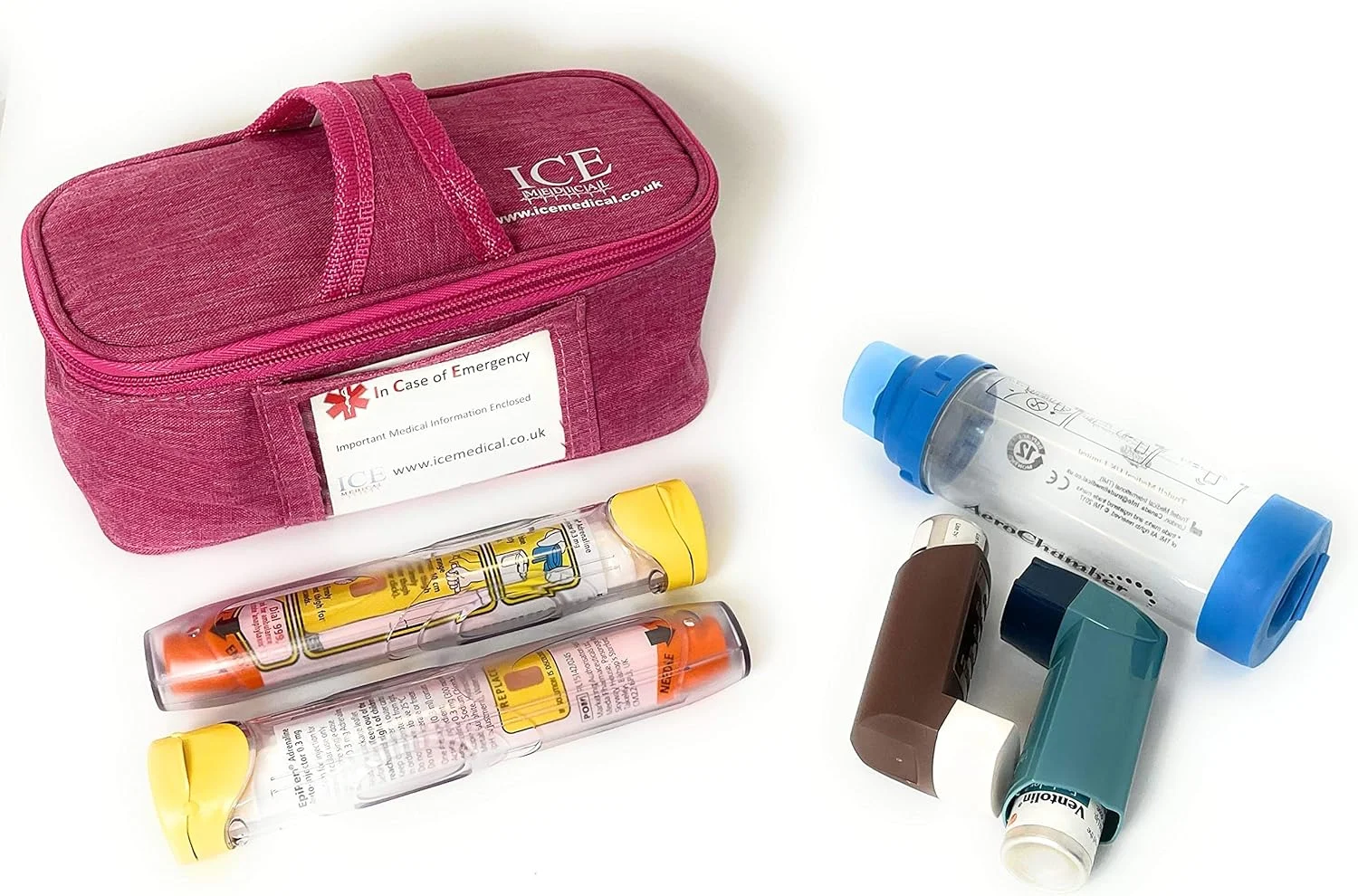 کیف/باکس صورتی رنگ برای داروهای آسم، آلرژی، دیابت، سرنگ، انسولین و غیره