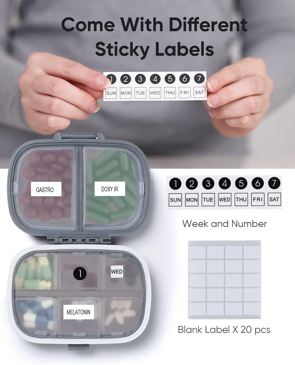 جا قرصی مسافرتی Holii، جعبه قرص قابل حمل 8 قسمتی، جعبه قرص روزانه برای نگهداری ویتامین ها، ظرف کوچک قرص برای کیف جیبی، سازمان دهنده دارو (خاکستری)