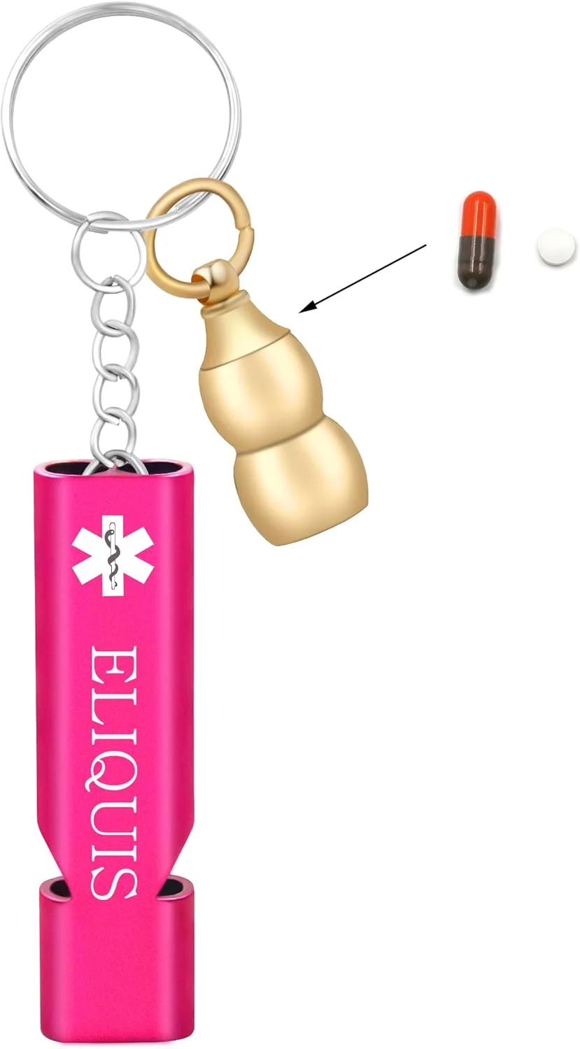 جاکلیدی پزشکی اضطراری با سوت ایمنی بلند و جعبه قرص، ابزار هشدار EDC برای سالمندان، بزرگسالان، استفاده در فضای باز