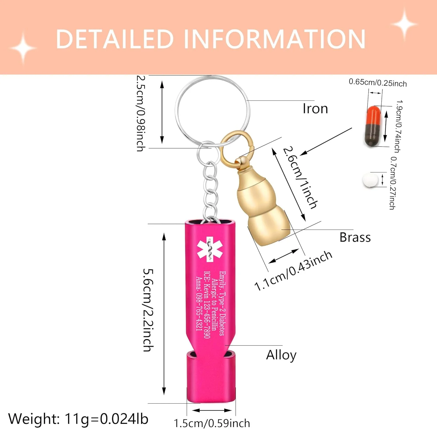 جاکلیدی پزشکی اضطراری با سوت ایمنی بلند و جعبه قرص، ابزار هشدار EDC برای سالمندان، بزرگسالان، استفاده در فضای باز