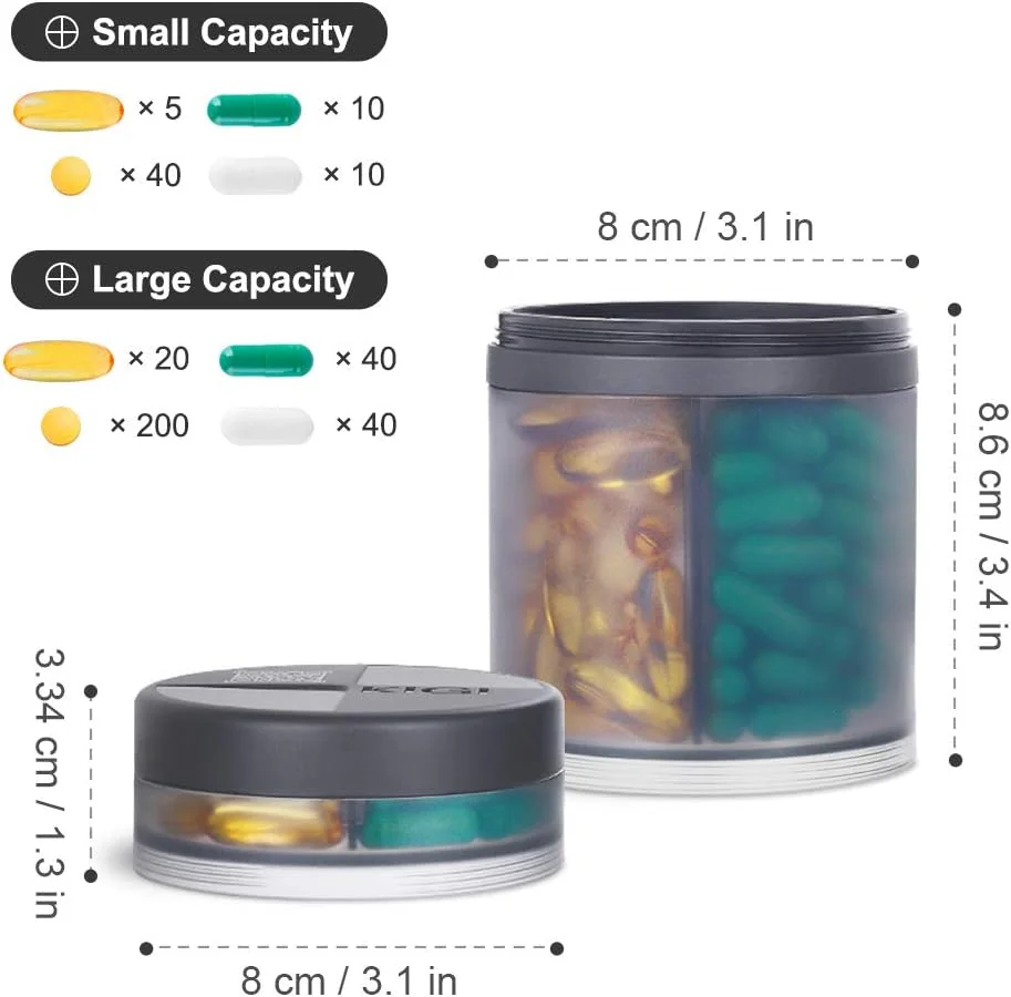 کیگی، جعبه قرص بزرگ و قابل حمل با 8 محفظه، دو لایه، پخش کننده دارو، سازمان دهنده ماهانه ویتامین، بطری قرص، خاکستری