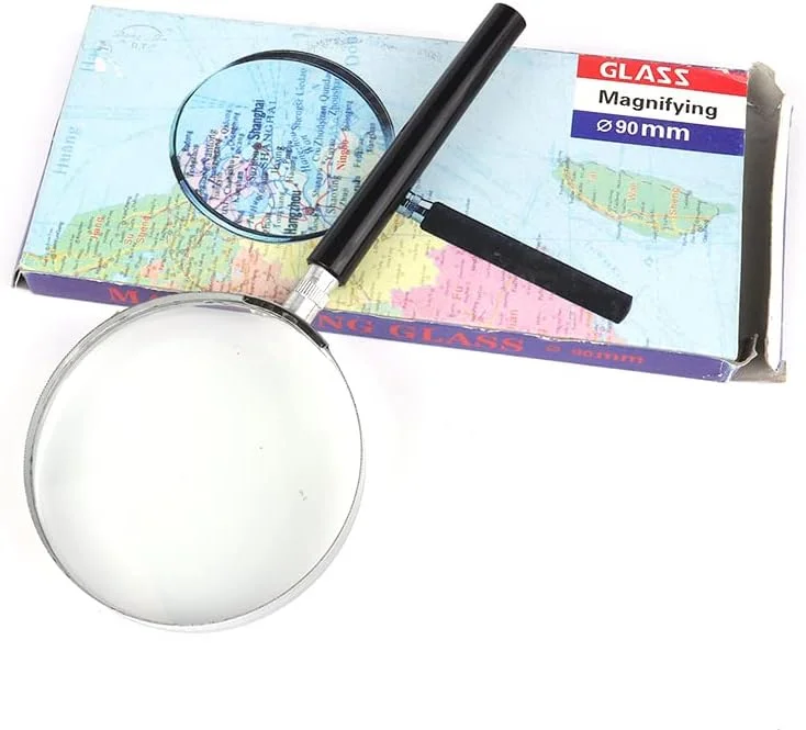 ذره بین، موجود در 3 اندازه 90 میلی متر، 75 میلی متر، 50 میلی متر با بزرگنمایی دستی 3 برابر، ذره بین دستی با دسته برای مدرسه، کلاس درس آموزش علوم (قطر 90 میلی متر)