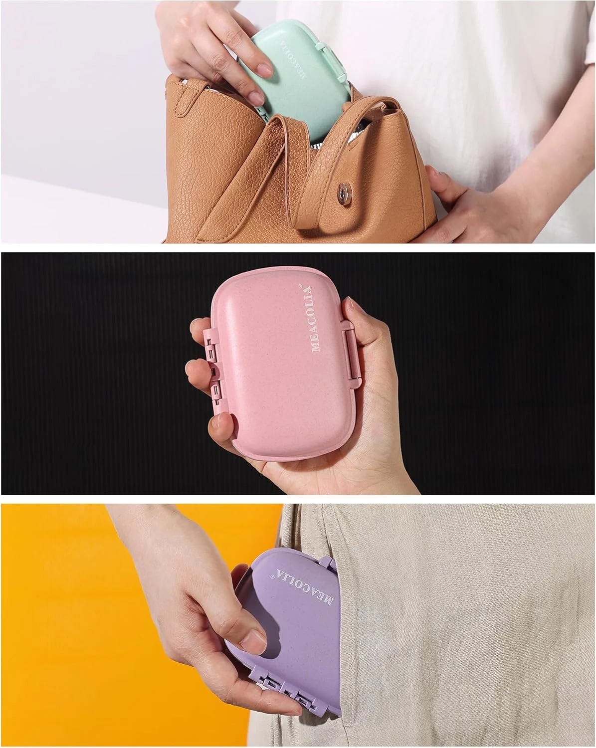 جعبه قرص مسافرتی 3 عددی MEACOLIA با 8 محفظه، جعبه قرص روزانه کوچک برای کیف جیبی، جا قرصی قابل حمل، سازمان دهنده ویتامین دارو (بنفش، سبز، صورتی)