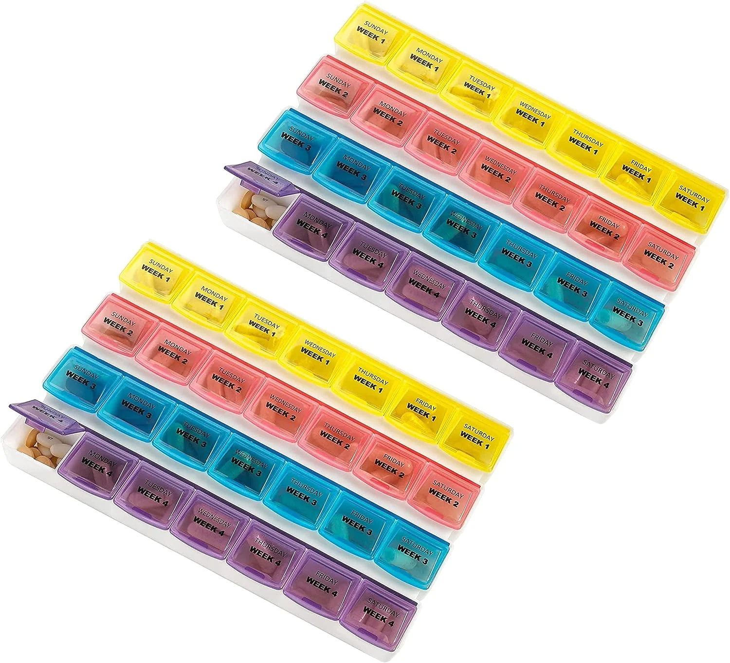 جعبه قرص ماهانه MEDca - (بسته 2 عددی) برنامه ریز قرص 28 روزه برای جدا کردن قرص ها و ویتامین ها به صورت هفتگی، یادآور مصرف دارو در سفر، محفظه های روزانه از دوشنبه تا یکشنبه