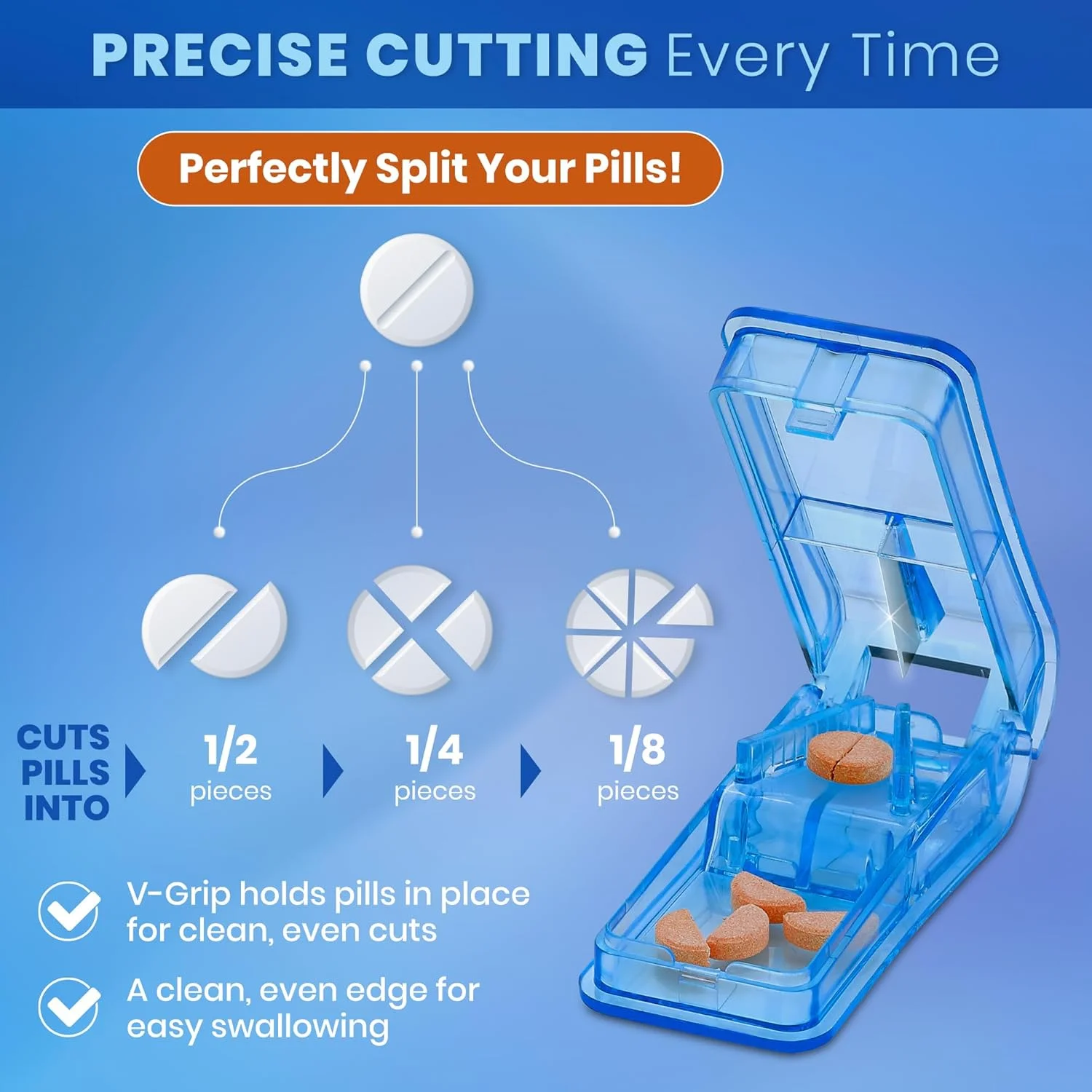 برش دهنده قرص MEDca - خرد کننده با گیره V شکل برای ویتامین ها، قرص های بزرگ و کوچک، جداکننده شفاف دارو با محفظه نگهدارنده برای تقسیم قرص