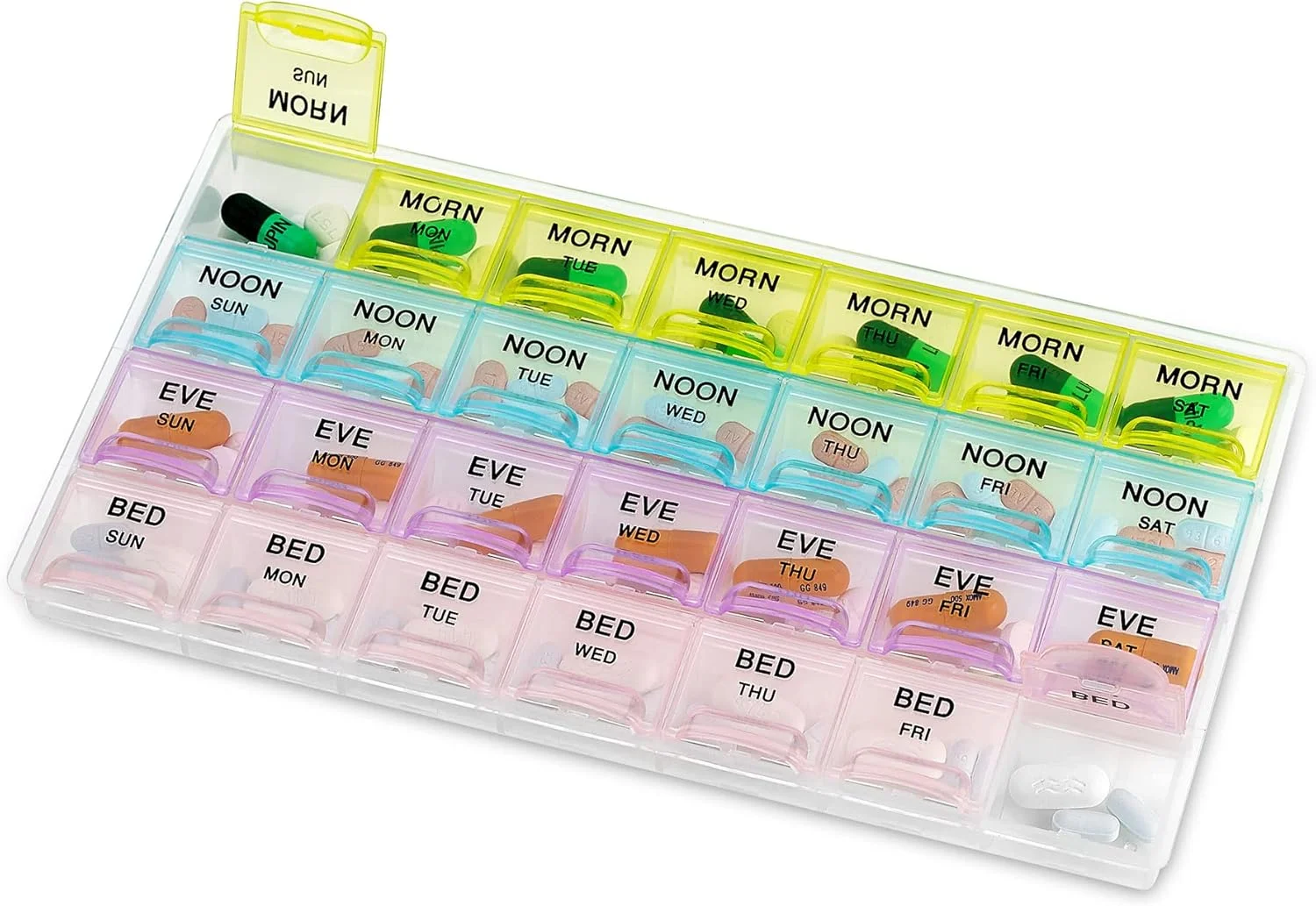 جعبه قرص ماهانه MEDca - جعبه قرص بزرگ با محفظه‌های روزانه و هفتگی 4 بار در روز برای صبح، ظهر، عصر، شب - بدون BPA، قابل حمل و مناسب برای مسافرت