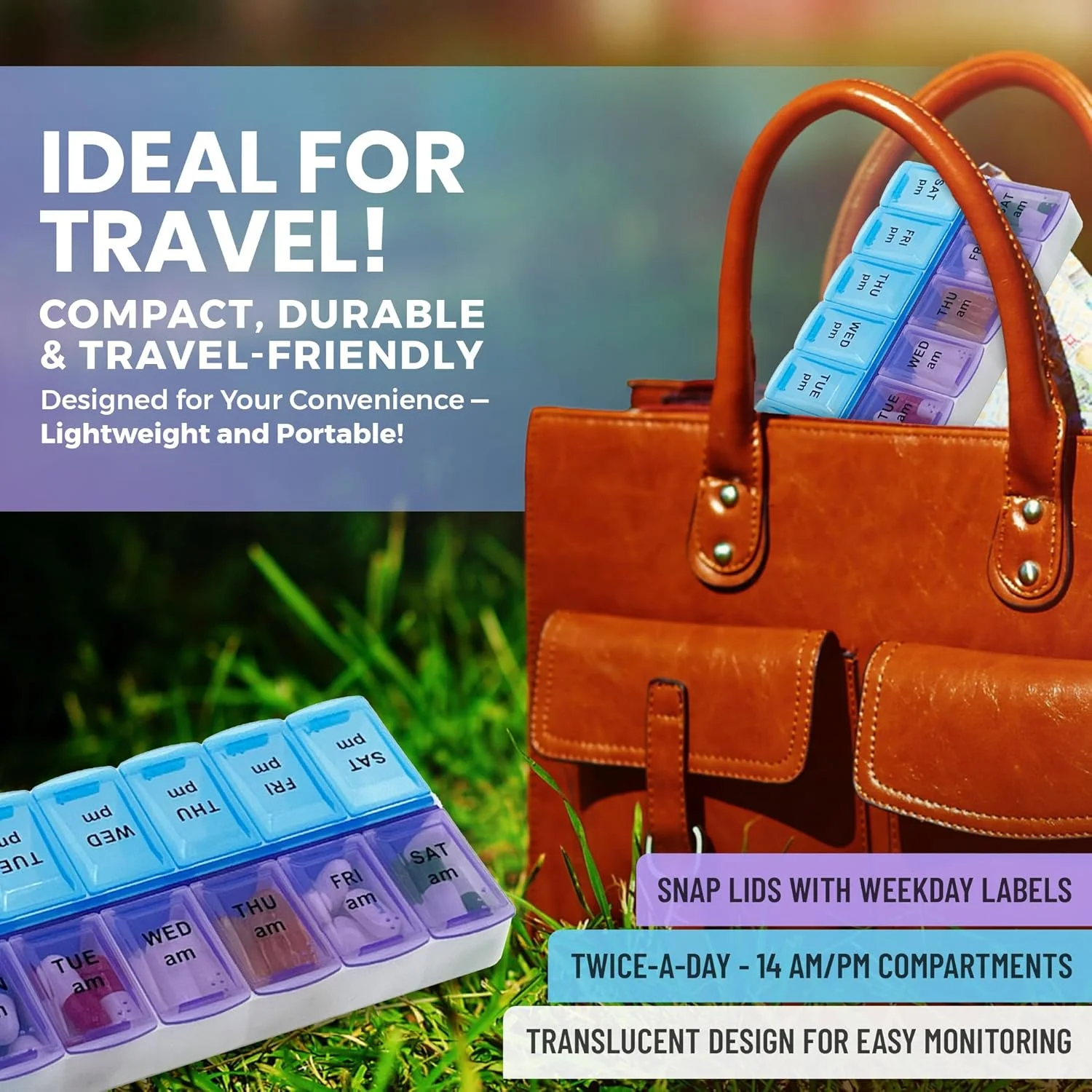 جعبه قرص هفتگی MEDca - جعبه قرص کوچک با محفظه‌های روزانه و هفتگی دو بار در روز برای صبح/عصر - بدون BPA، قابل حمل و مناسب برای مسافرت