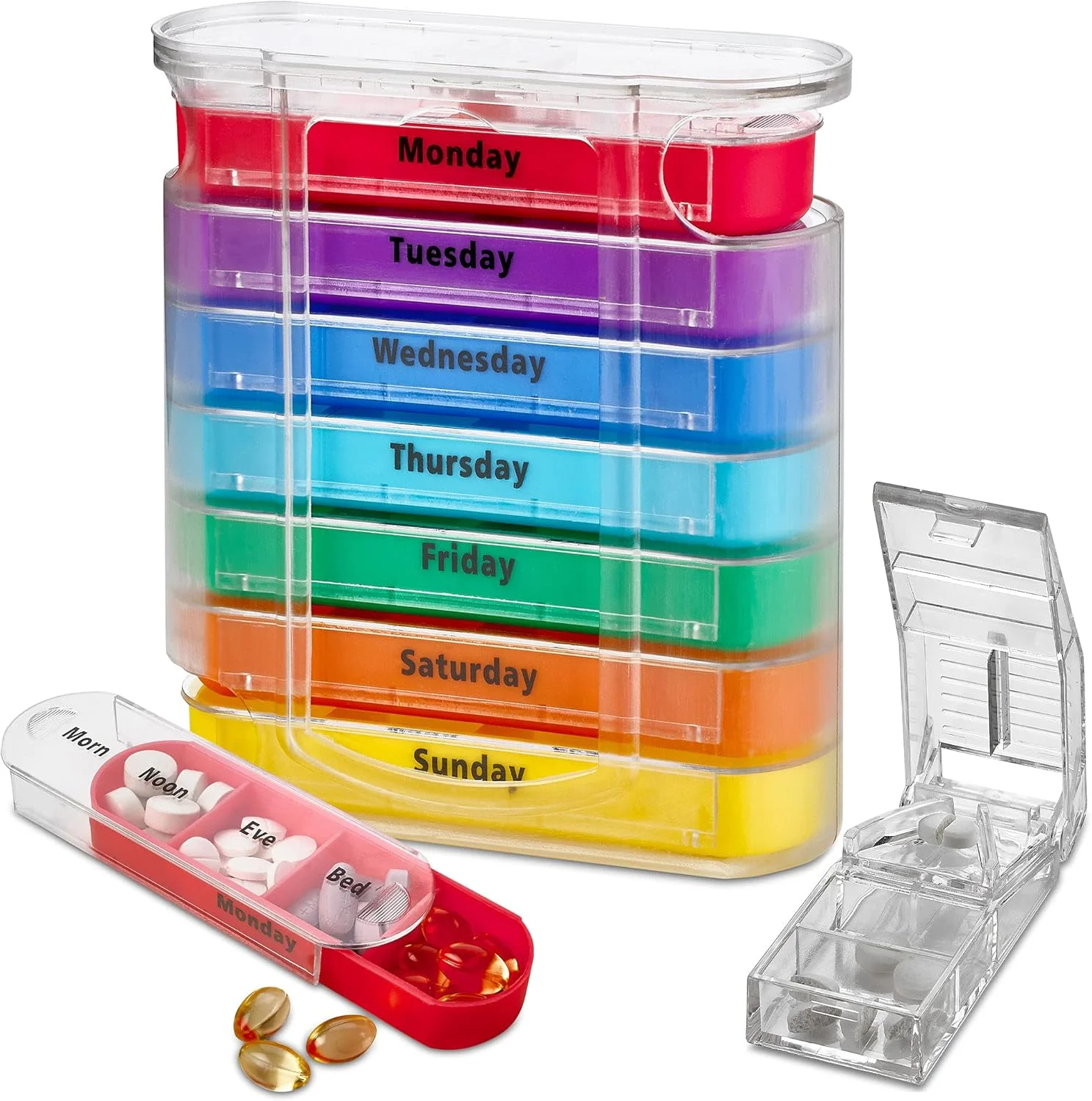 جعبه قرص هفتگی MEDca با برش دهنده قرص - سازمان دهنده قرص و ویتامین قابل انباشت با محفظه های روزانه 4 بار در روز، یادآور قرص با جعبه های AM/PM قابل انباشت