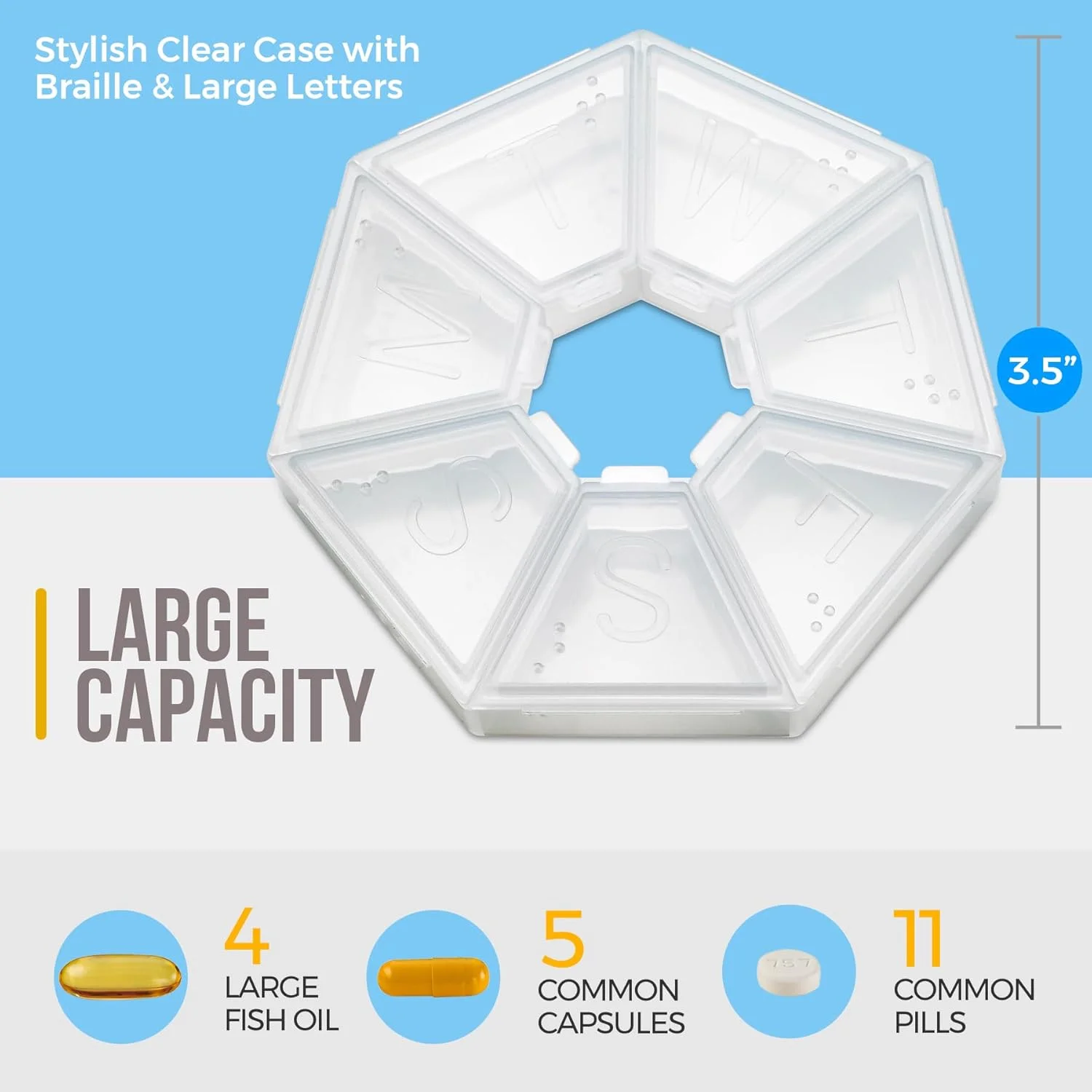 جعبه قرص هفتگی MEDca، یادآور قرص 7 طرفه شفاف، شکل گرد